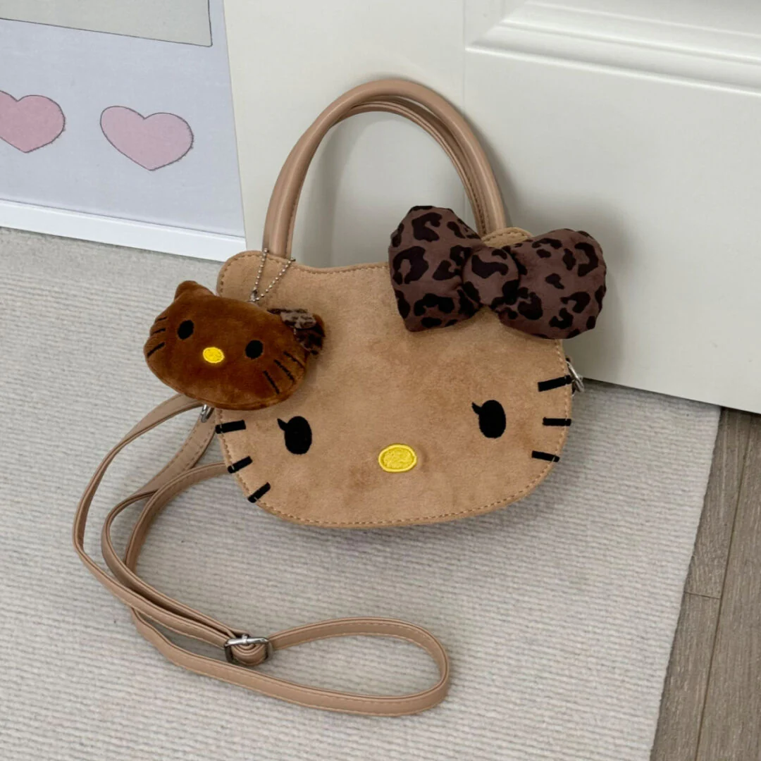 Hellokitty Shaped Brown Suede Tote Bag Handbag With Hellokitty Charm