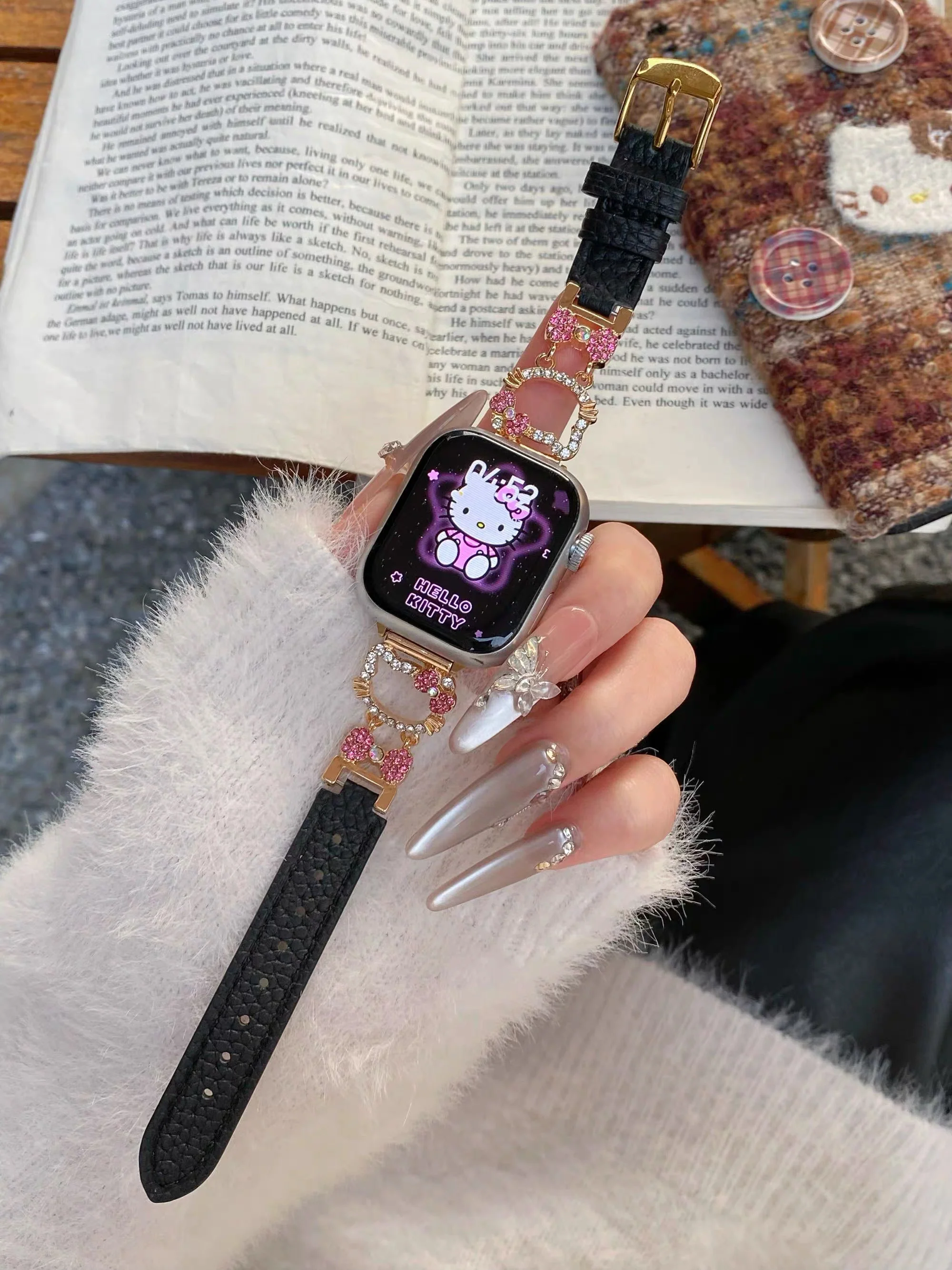 Hellokitty Apple Watch Band Bling Diamond Leather Strap Bands for iWatch Series