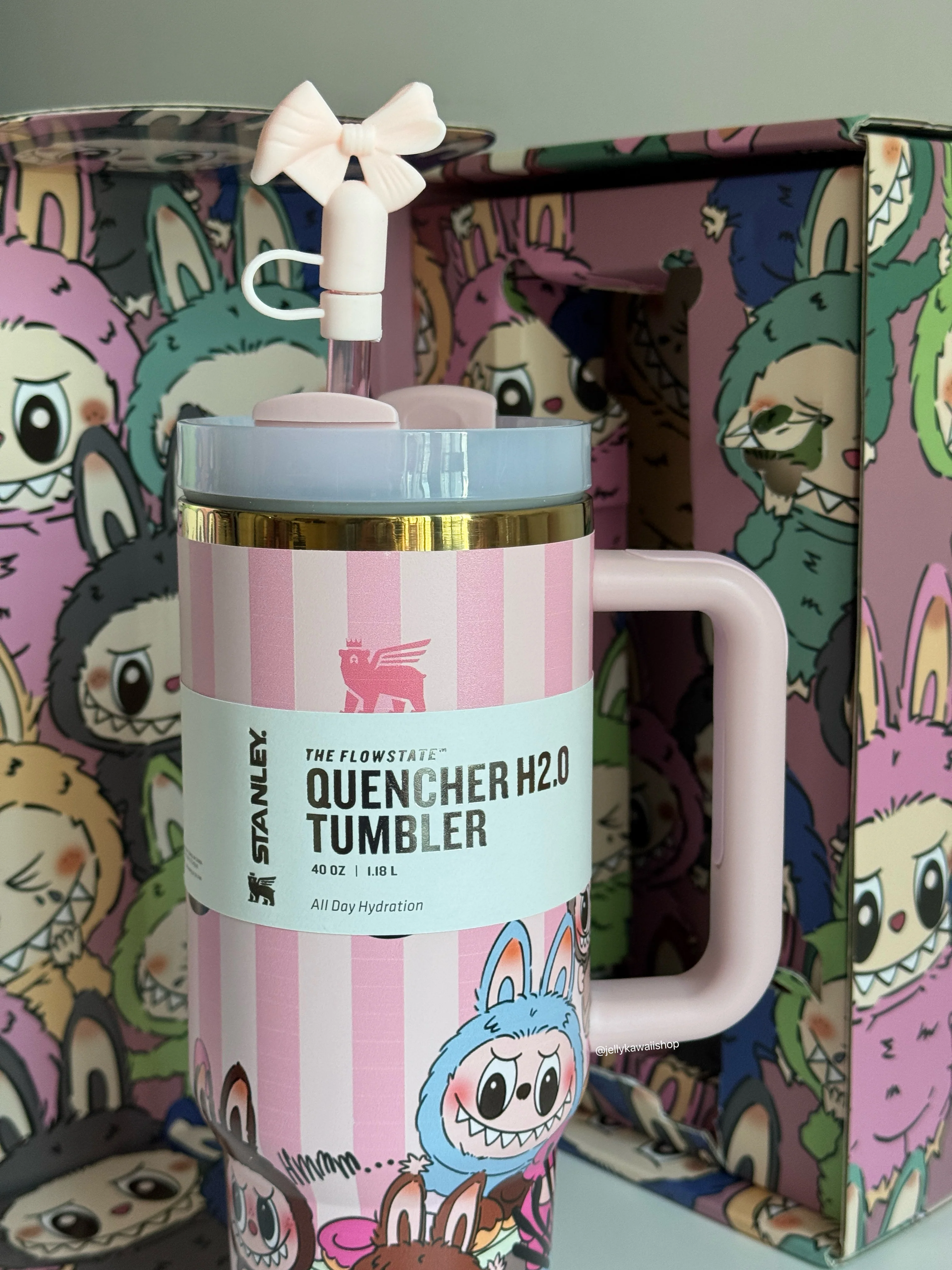 LABUBU Pink Stripe In-Car Insulated Cup 1200 ml Tumbler with Handle Stainless Steel Insulated Cup with Lid (Gift box）