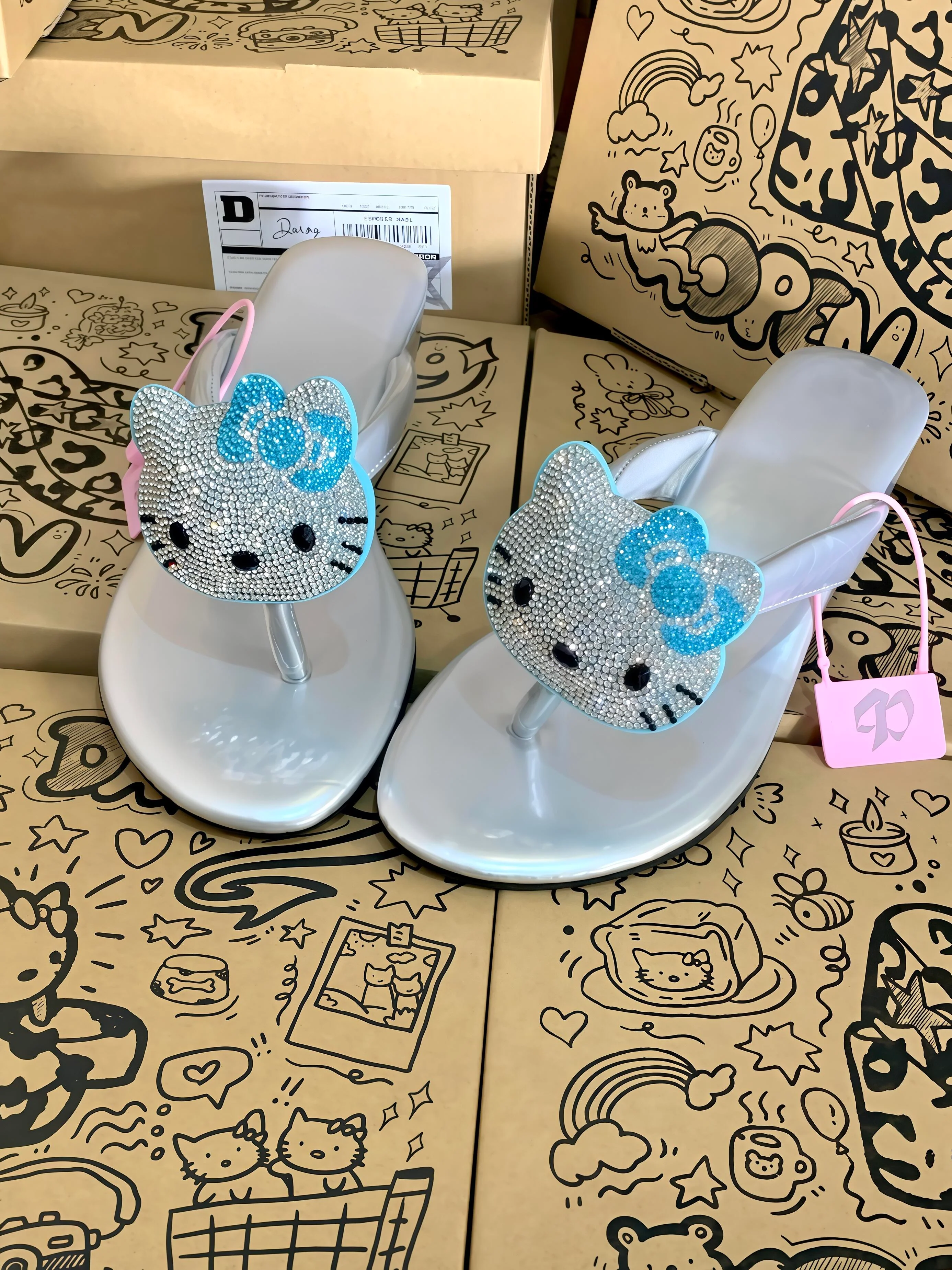 Hellokitty Handmade Rhinestone Leopard Print Women's Sandals Cute Slippers Non-Slip Flip Flops Low-Heeled Slippers