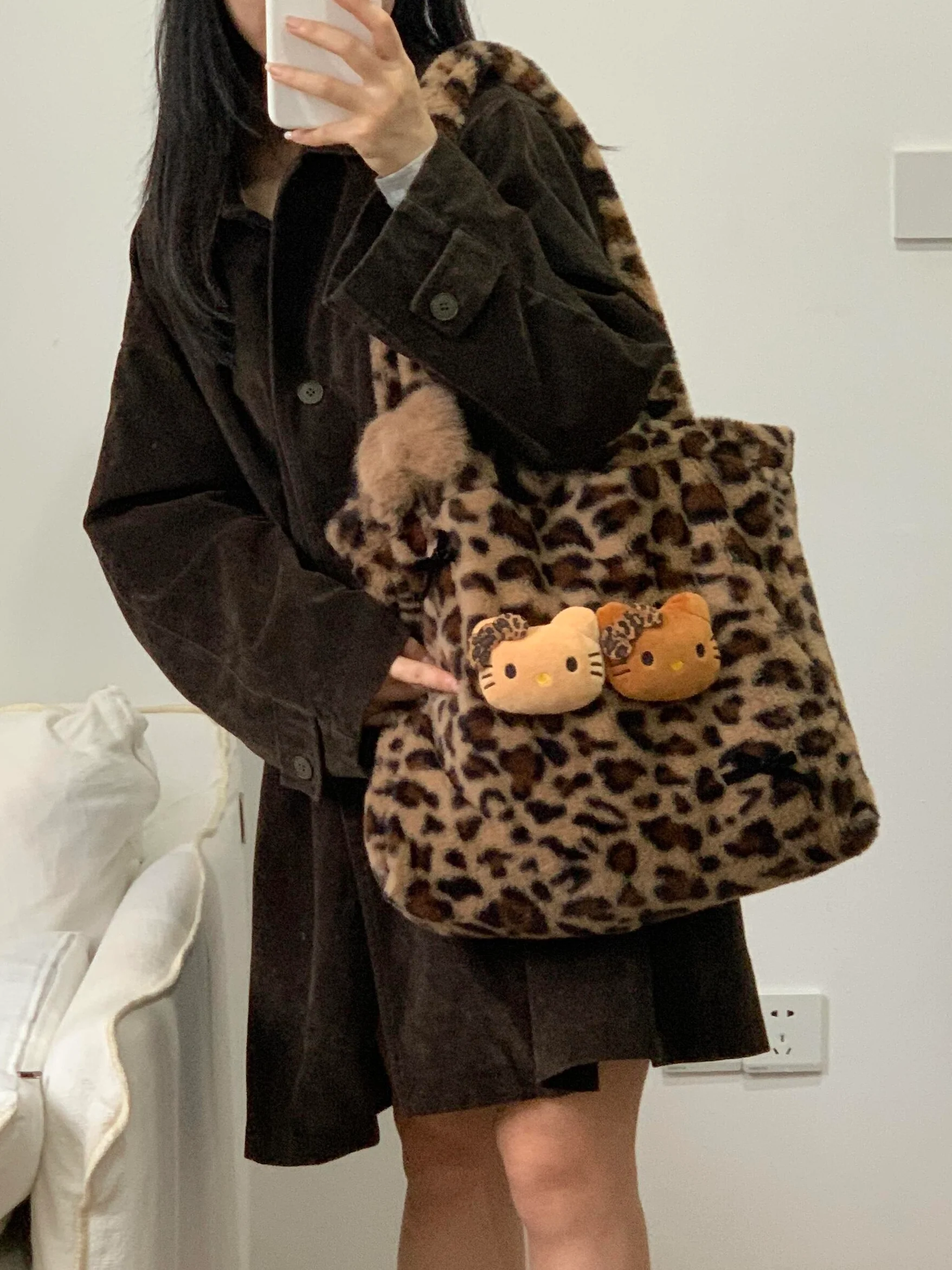 Hellokitty Leopard Print Cute Small Bags Plush Bag for Women Kawaii Carry on Bag Handbags