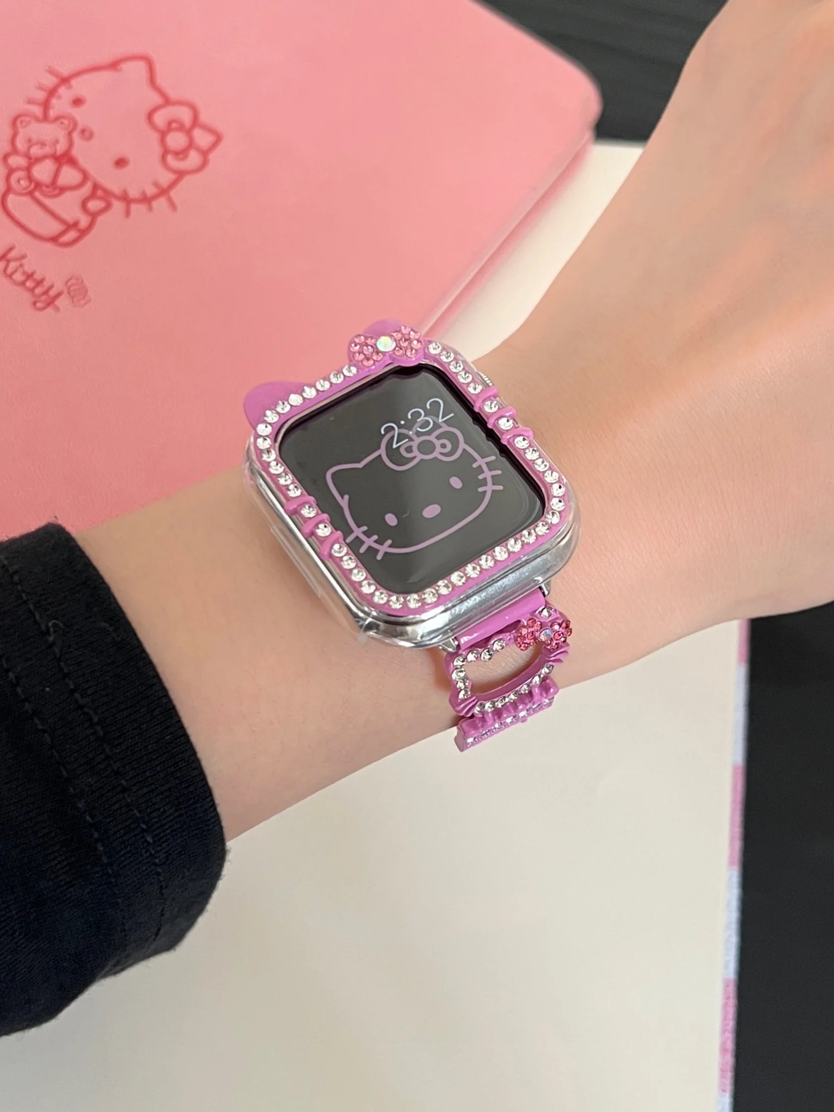 Hellokitty Apple Watch Band Bling Diamond Jewelry Metal Strap Bands with Screen Protector Case, Round Shiny Bracelet Wristband for iWatch Series