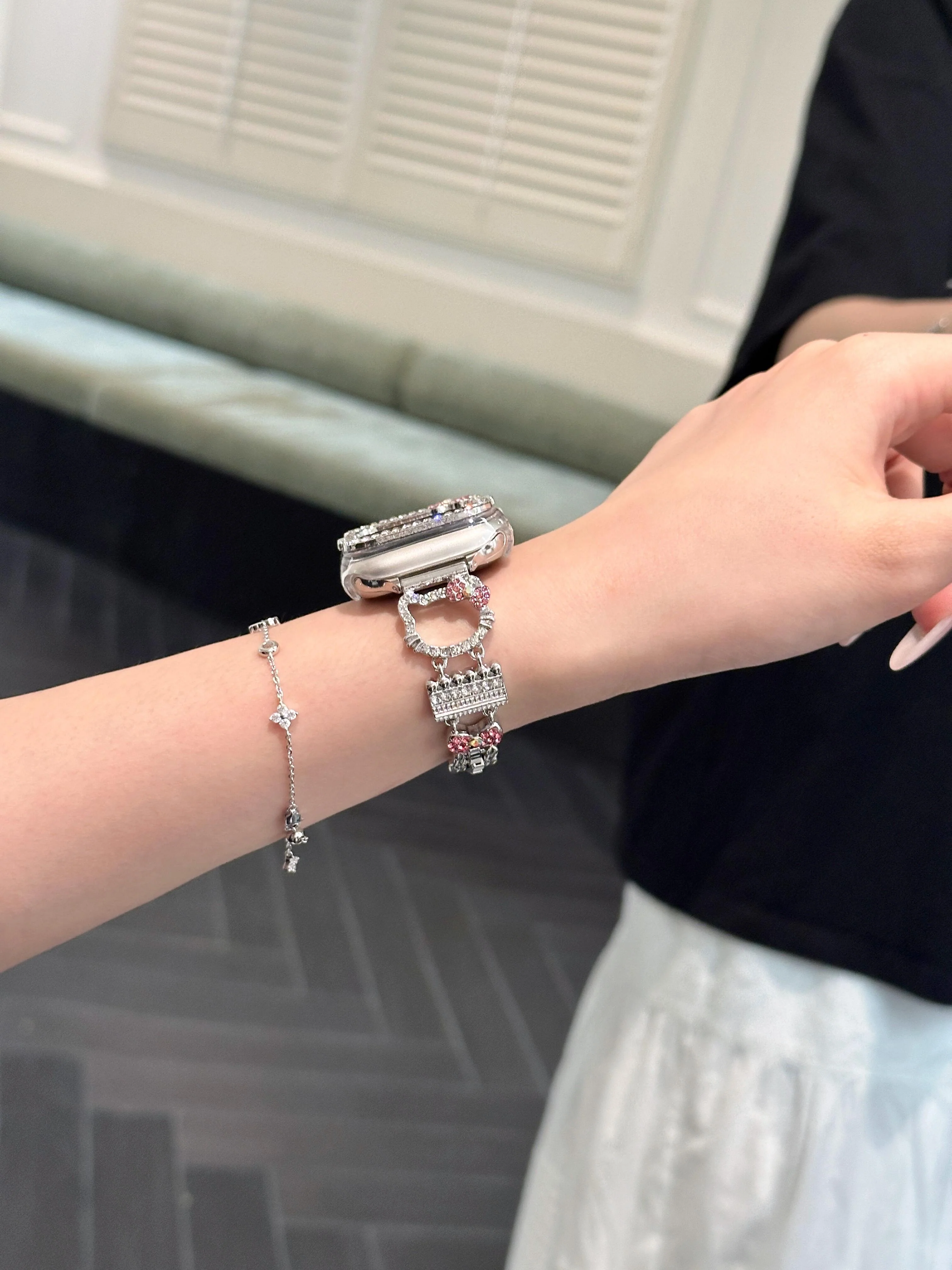 Hellokitty Apple Watch Band Bling Diamond Jewelry Metal Strap Bands with Screen Protector Case, Round Shiny Bracelet Wristband for iWatch Series