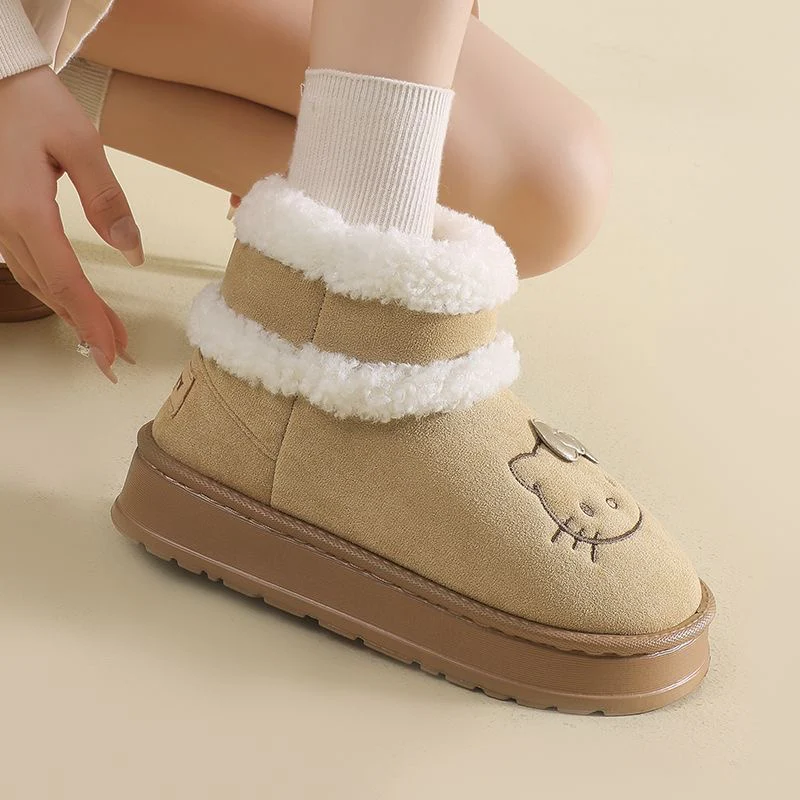 Hellokitty Cute Pompon Lace Up Fur Winter Snow Boots Fluffy Boots Shoes