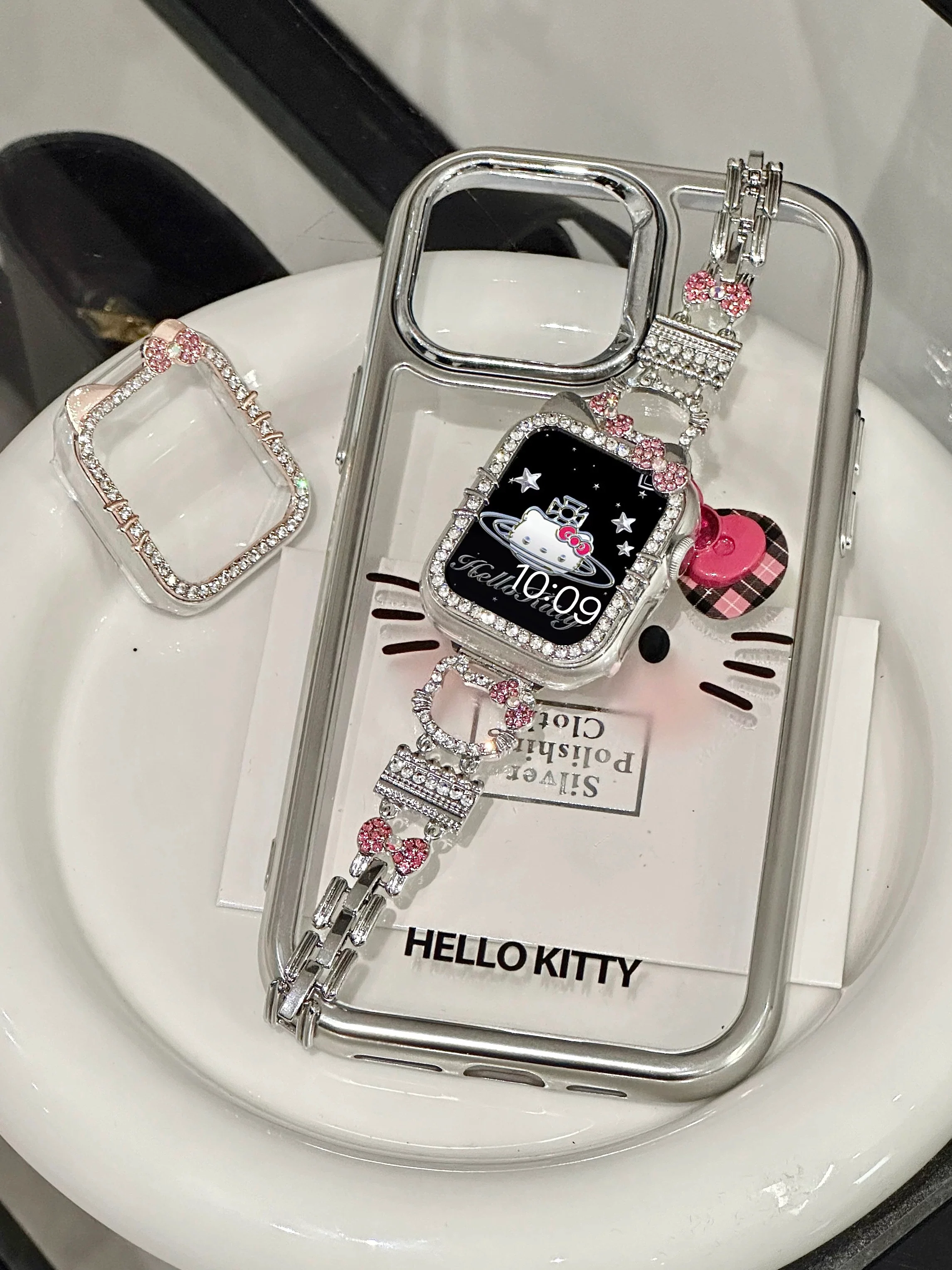 Hellokitty Apple Watch Band Bling Diamond Jewelry Metal Strap Bands with Screen Protector Case, Round Shiny Bracelet Wristband for iWatch Series