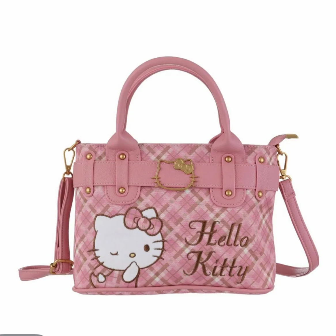 Hellokitty Embroidered Plaid Tote Bag Handbag