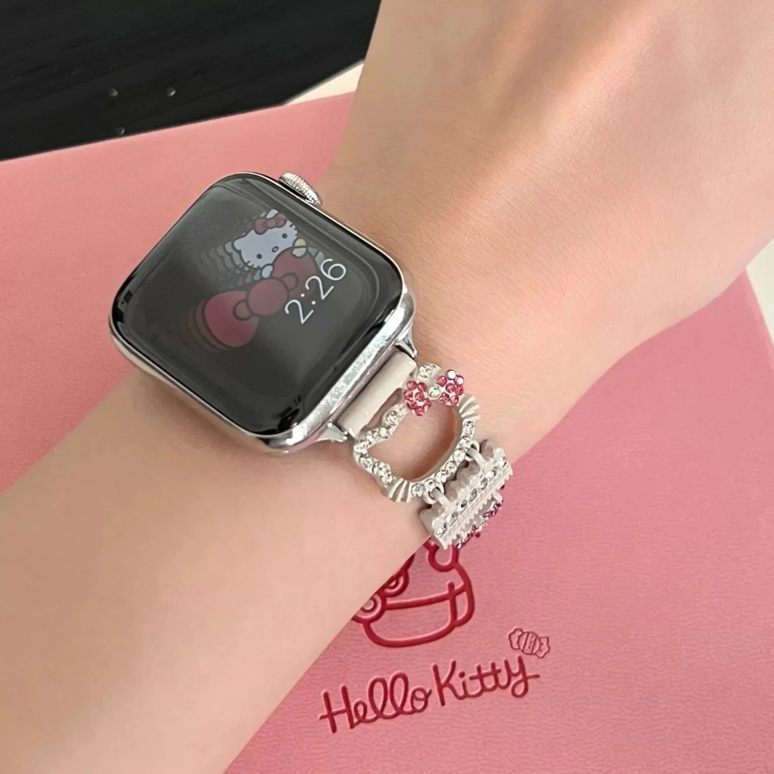 Hellokitty Apple Watch Band Bling Diamond Jewelry Metal Strap Bands with Screen Protector Case, Round Shiny Bracelet Wristband for iWatch Series