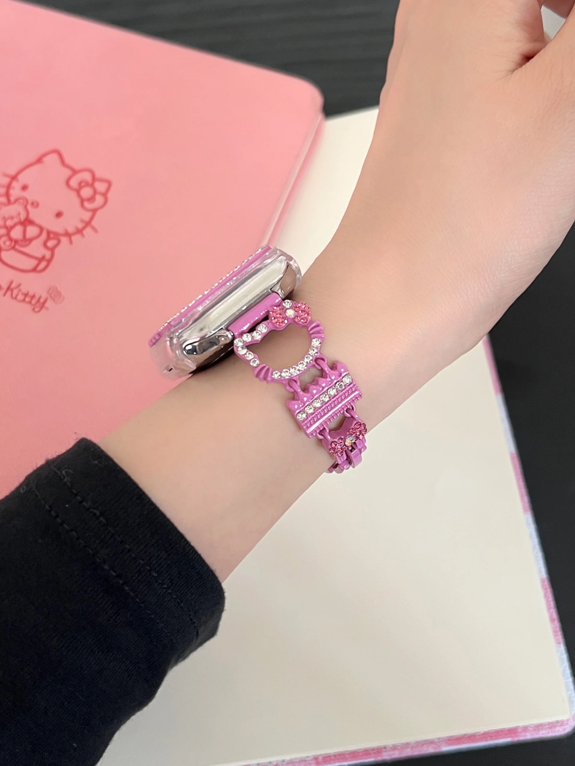 Hellokitty Apple Watch Band Bling Diamond Jewelry Metal Strap Bands with Screen Protector Case, Round Shiny Bracelet Wristband for iWatch Series