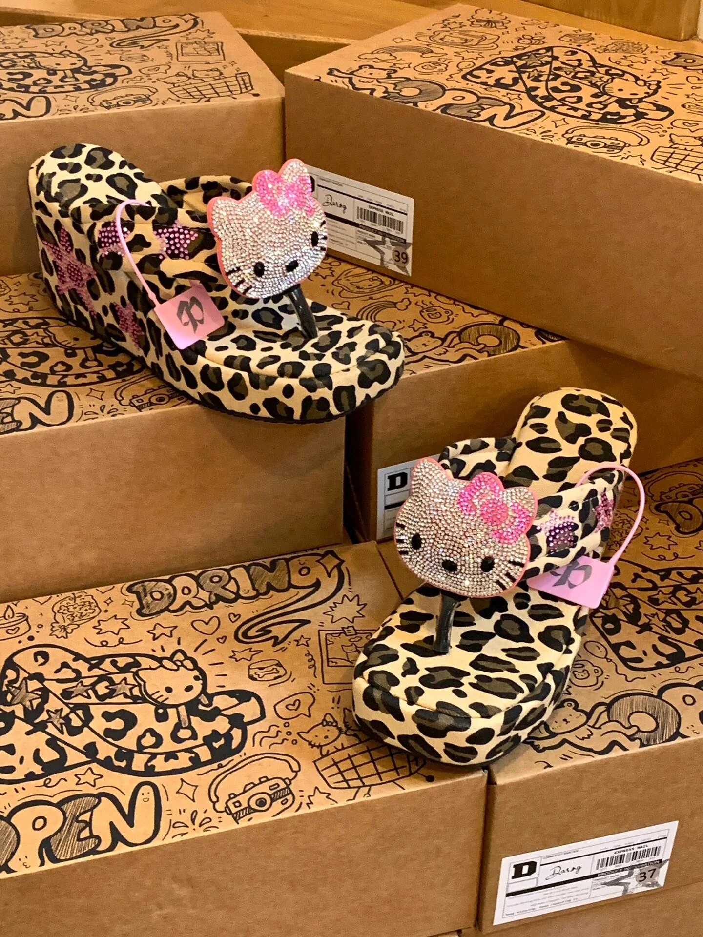 Hellokitty Handmade Rhinestone Leopard Print Women's Sandals Cute Slippers Non-Slip Flip Flops High-Heeled Slippers