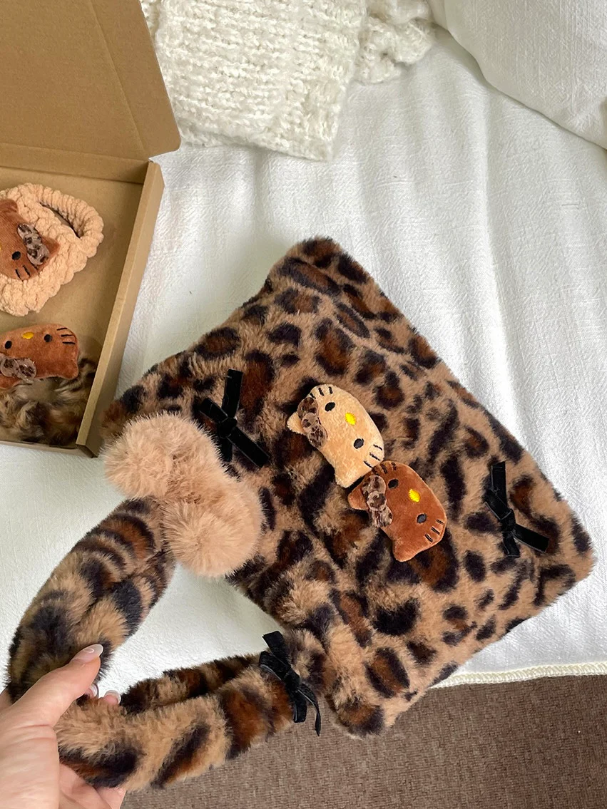 Hellokitty Leopard Print Cute Small Bags Plush Bag for Women Kawaii Carry on Bag Handbags