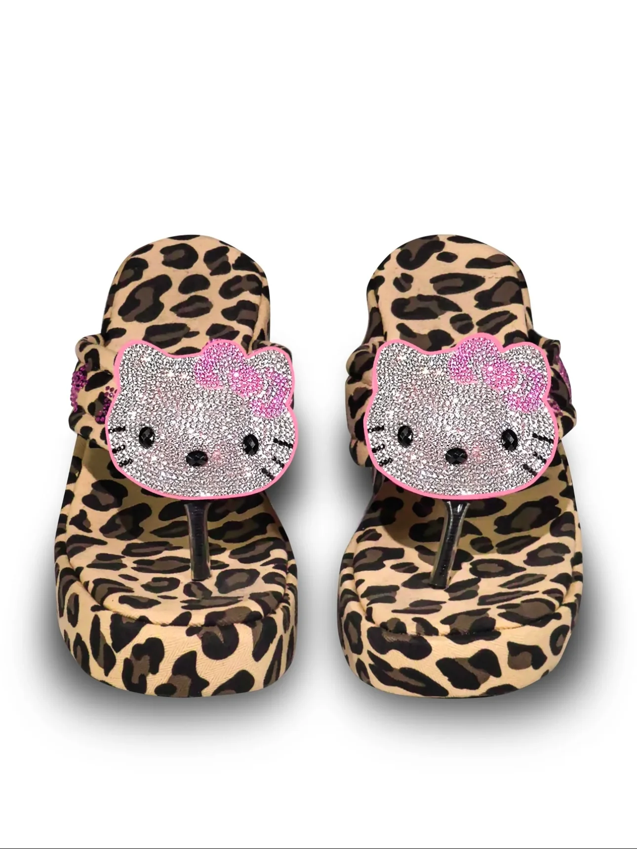 Hellokitty Handmade Rhinestone Leopard Print Women's Sandals Cute Slippers Non-Slip Flip Flops High-Heeled Slippers