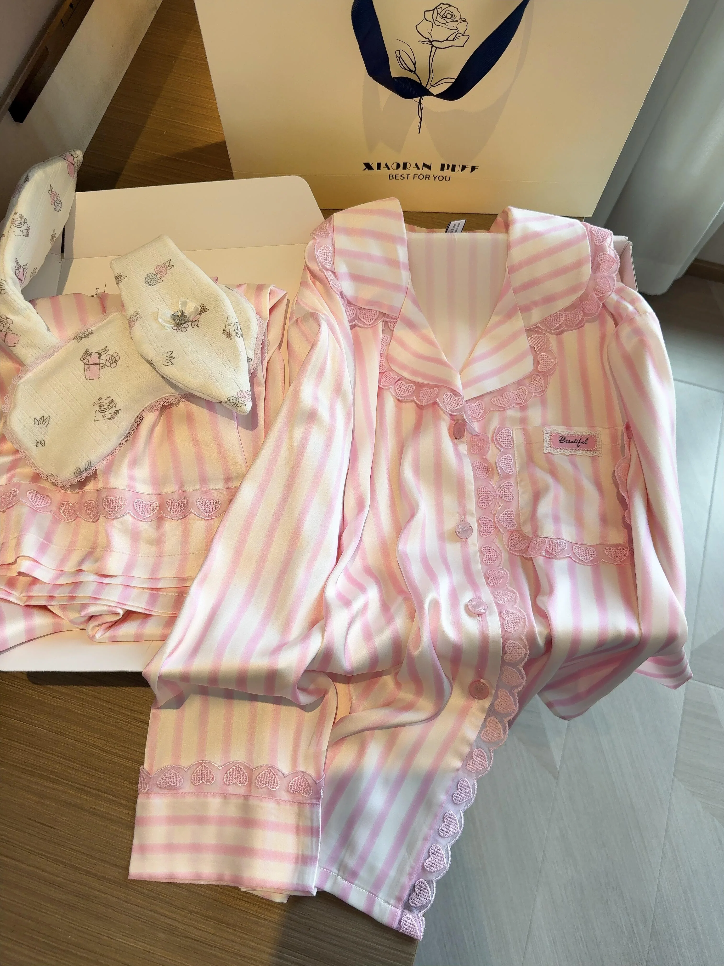 Girly Striped Heart Lace Slik Stain Pajamas Set Long Sleeve Sleepwear Button Down Nightwear Soft Pj Lounge Sets