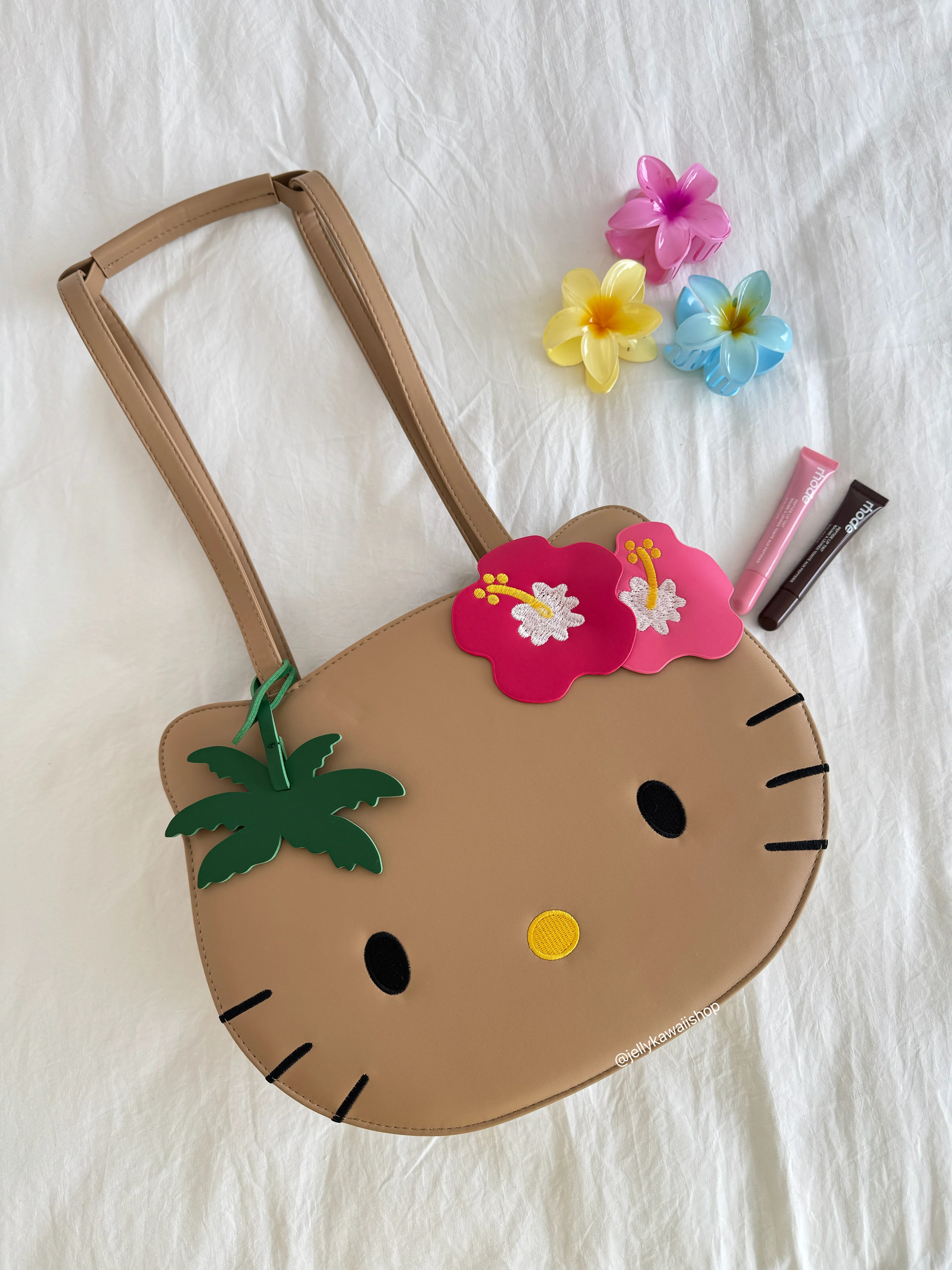 Tan Hawaii Hellokitty PU leather High Capacity Retro Classic Cartoon Tote Bag  Adjustable Strap Backpack