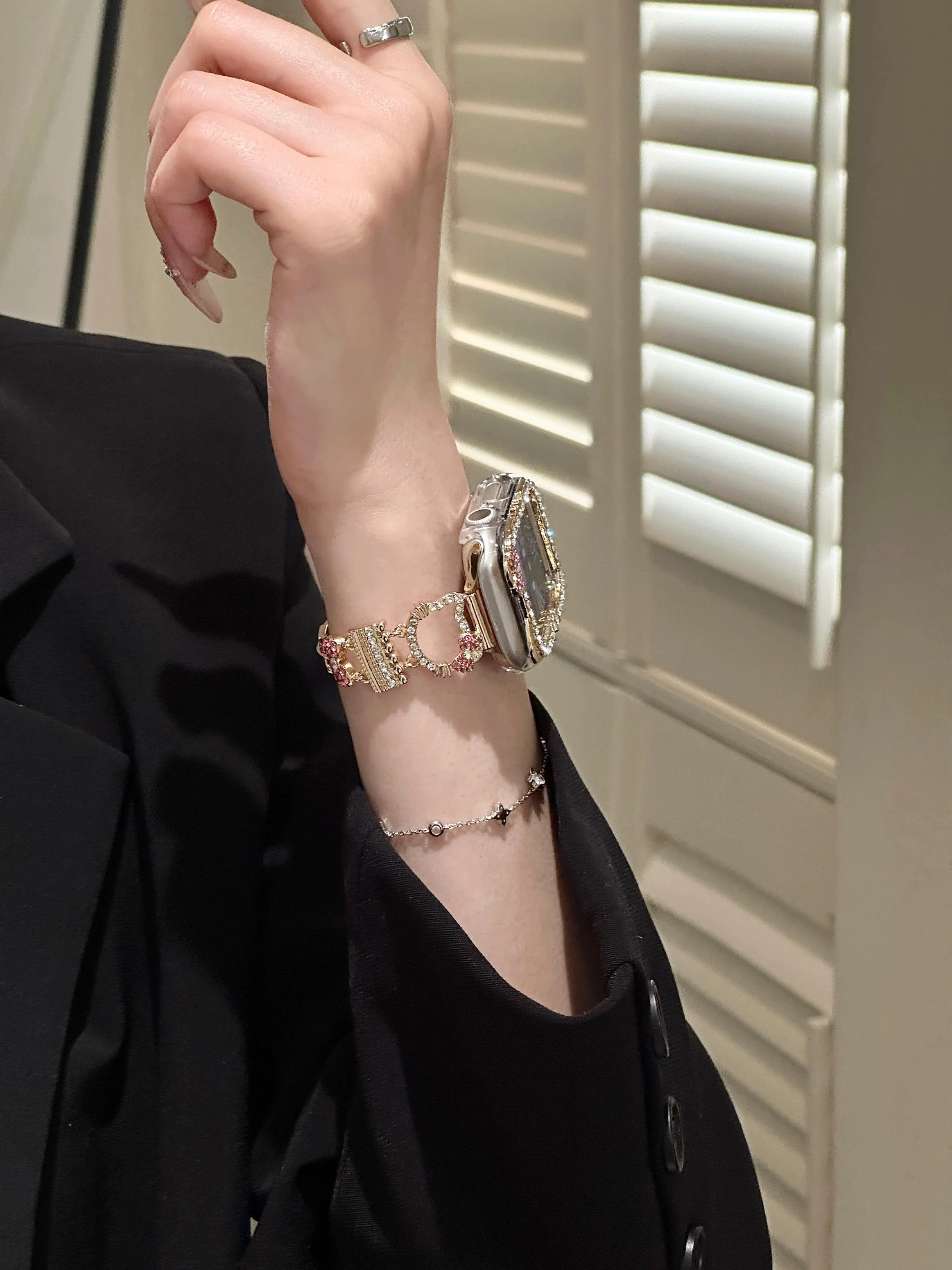 Hellokitty Apple Watch Band Bling Diamond Jewelry Metal Strap Bands with Screen Protector Case, Round Shiny Bracelet Wristband for iWatch Series