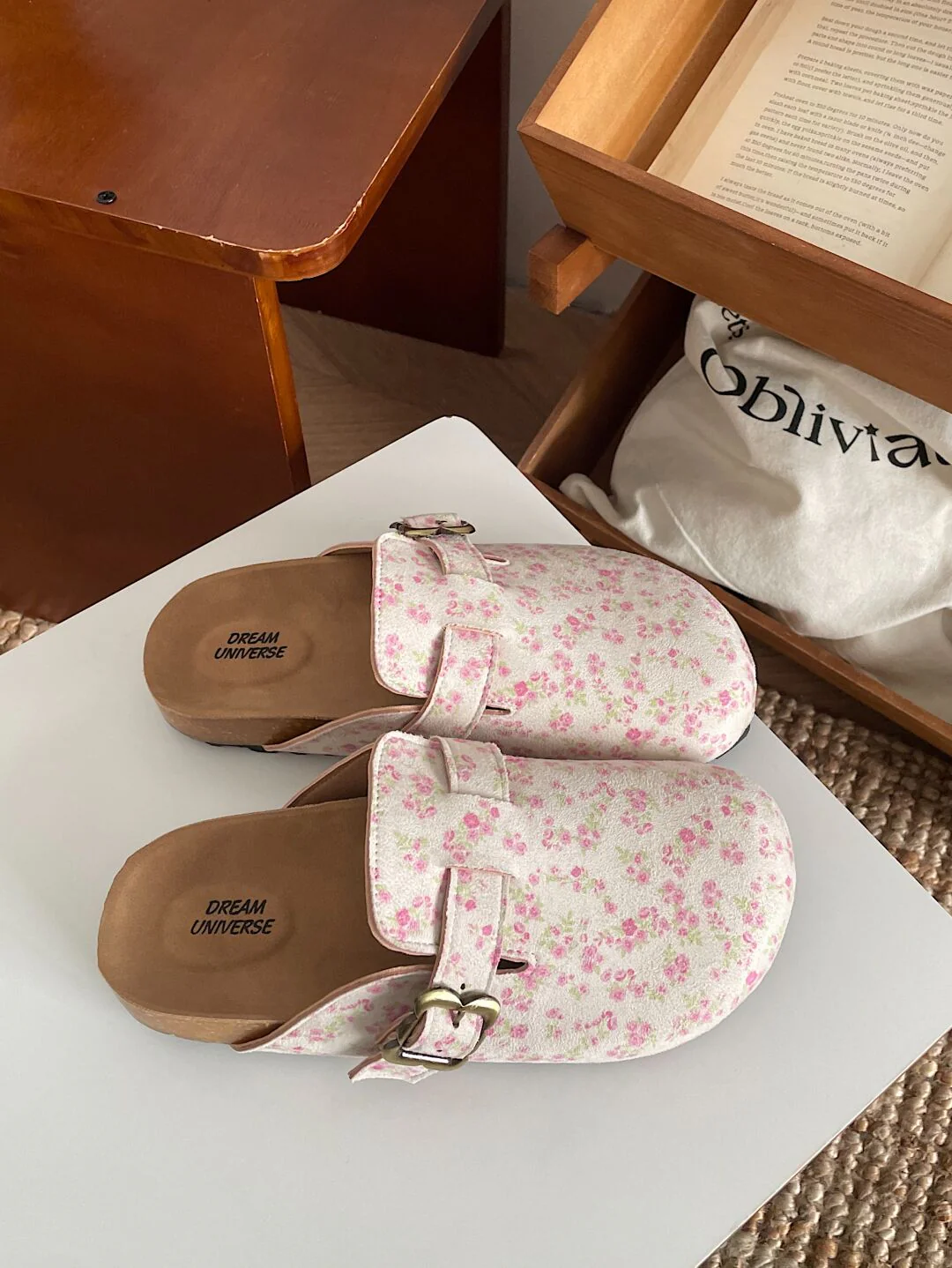 Floral Print Suede Clogs Leather Mules Cork Footbed Sandals Potato Shoes with Arch Support
