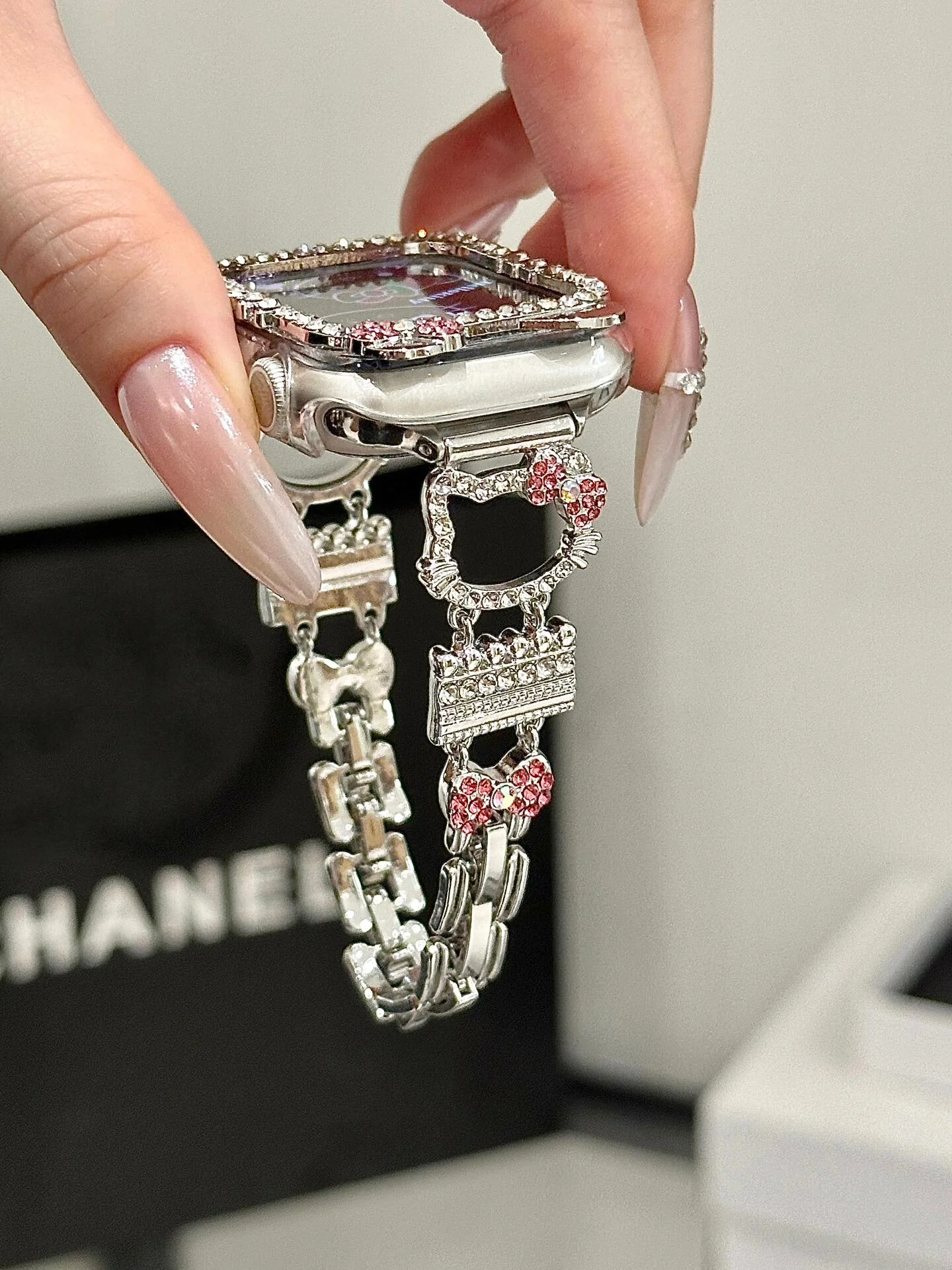 Hellokitty Apple Watch Band Bling Diamond Jewelry Metal Strap Bands with Screen Protector Case, Round Shiny Bracelet Wristband for iWatch Series