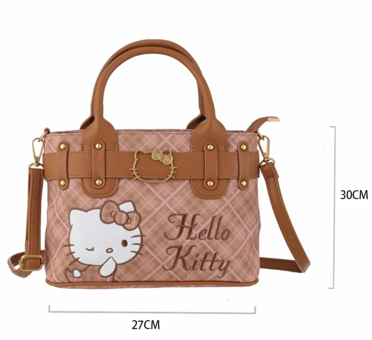 Hellokitty Embroidered Plaid Tote Bag Handbag
