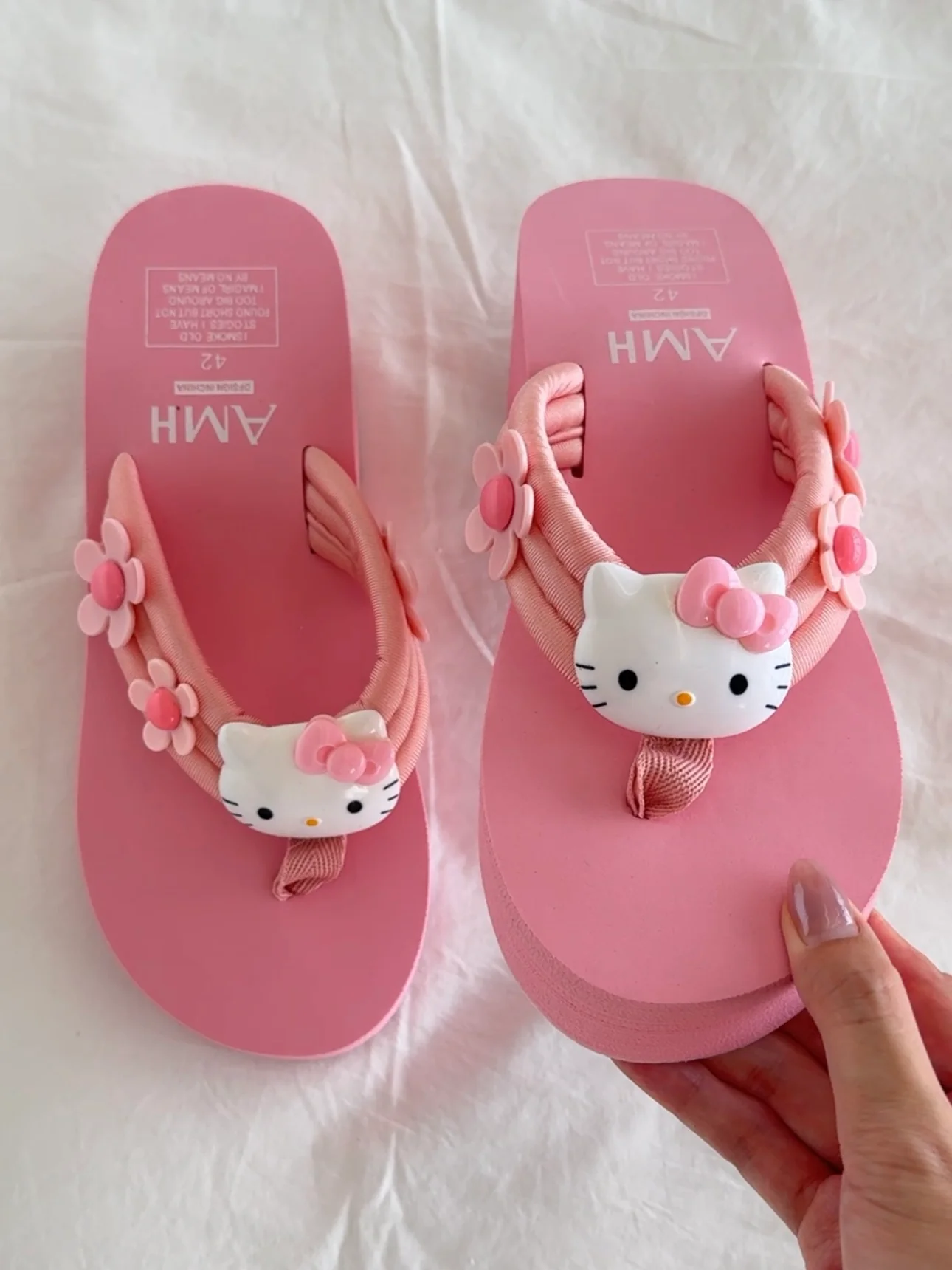 Hellokitty Pink Floral Sandals Cute Slippers Non-Slip Flip Flops Chunky Slippers