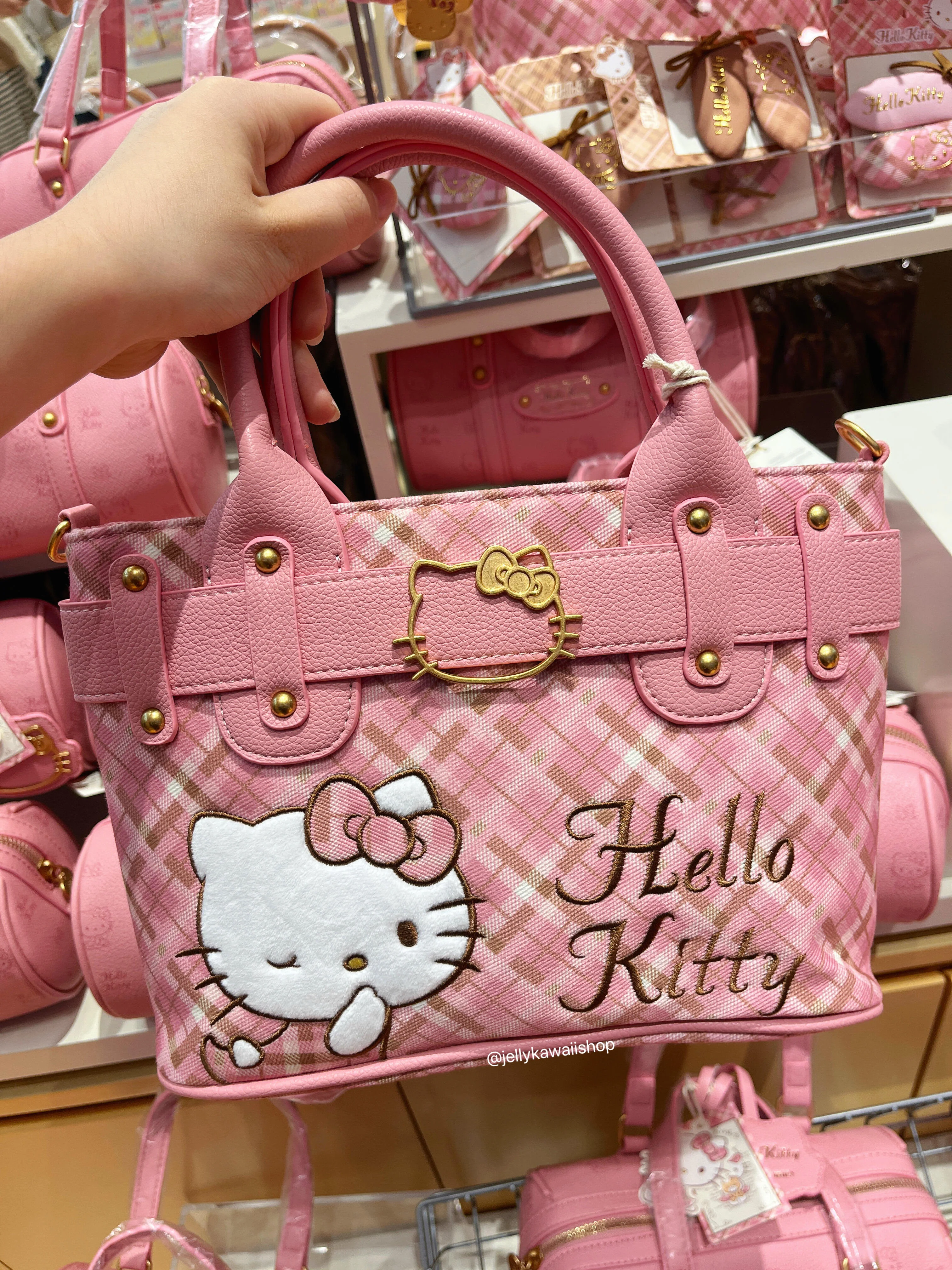 Hellokitty Embroidered Plaid Tote Bag Handbag