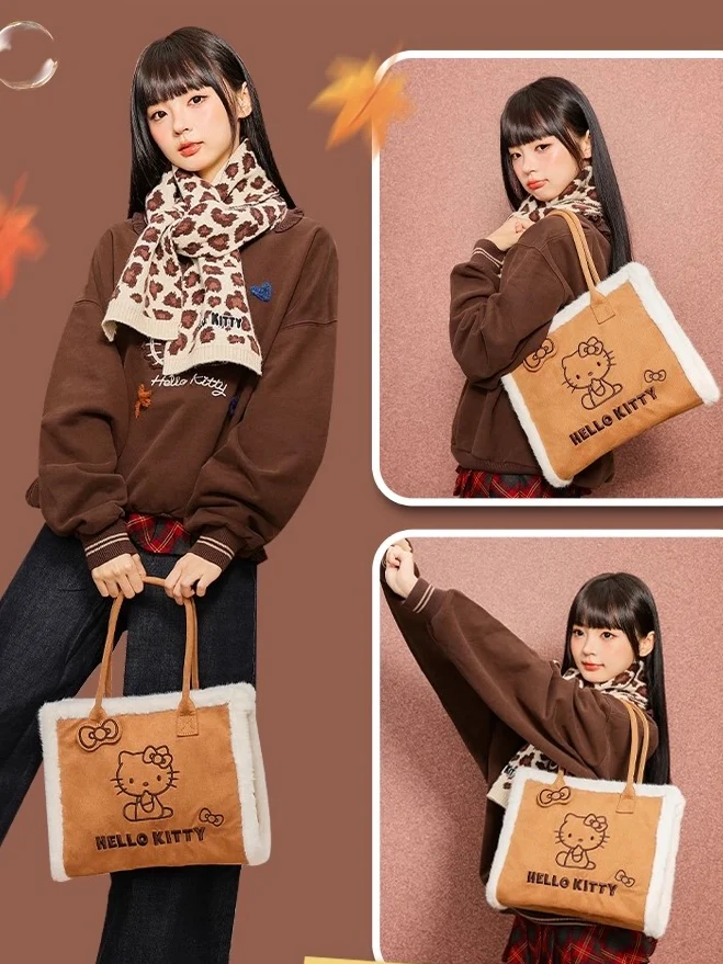 Hellokitty Brown Fluffy Tote Bag Large Fur Purses Winter Fuzzy Totes Furry Shoulder Handbag Plush Bags