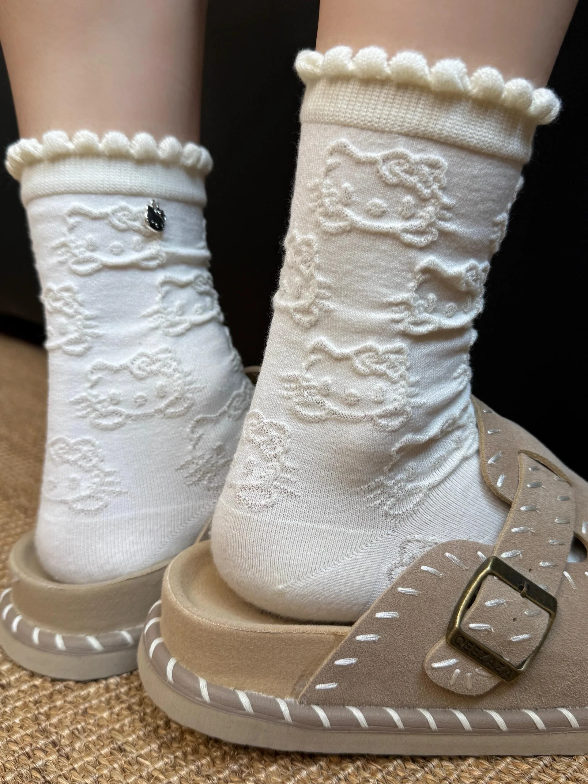 Hellokitty Pendant Accessories Socks Mid-calf Socks Embossed Lace Pile Socks Sweat-absorbent Cotton Socks