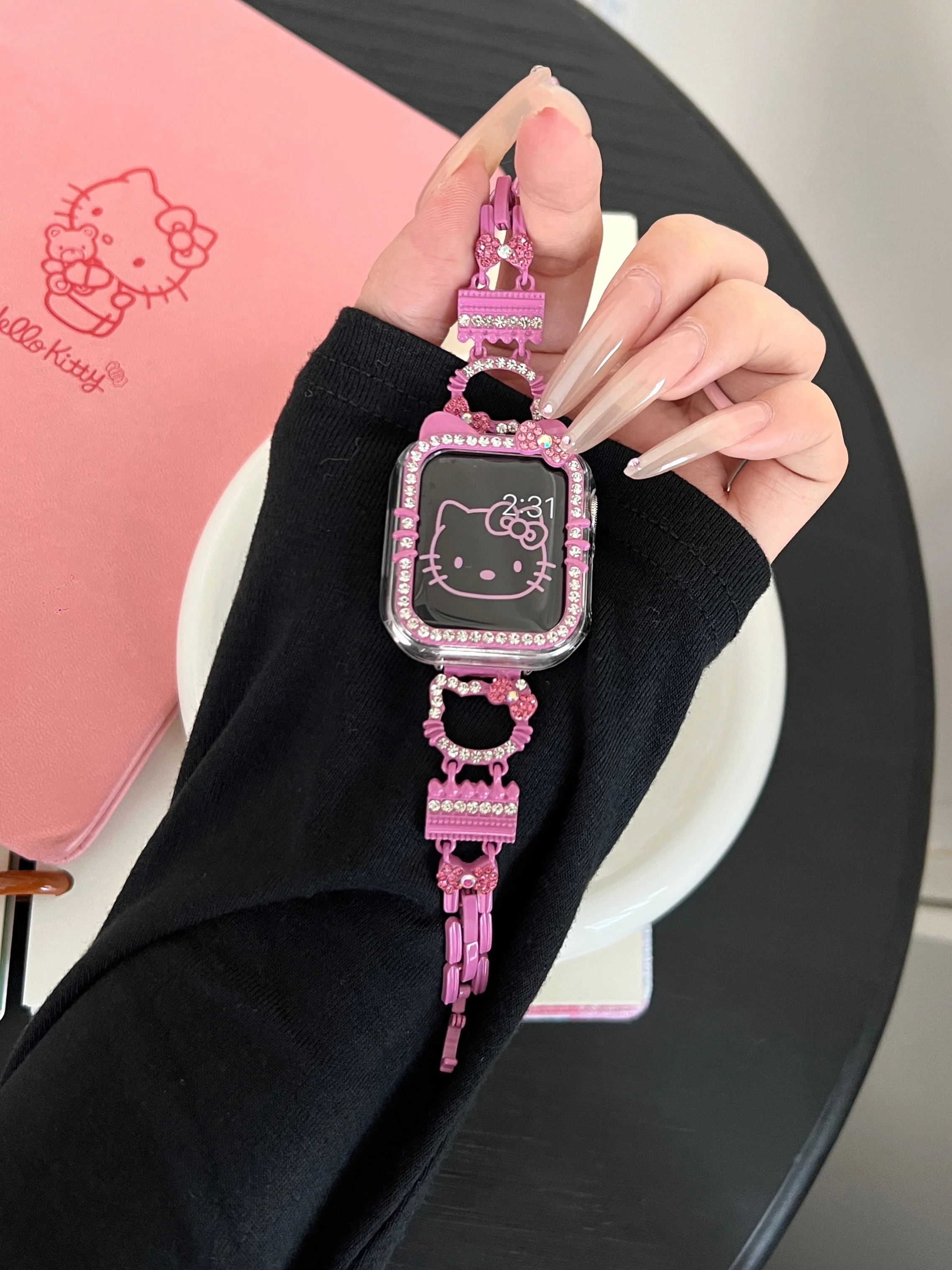 Hellokitty Apple Watch Band Bling Diamond Jewelry Metal Strap Bands with Screen Protector Case, Round Shiny Bracelet Wristband for iWatch Series