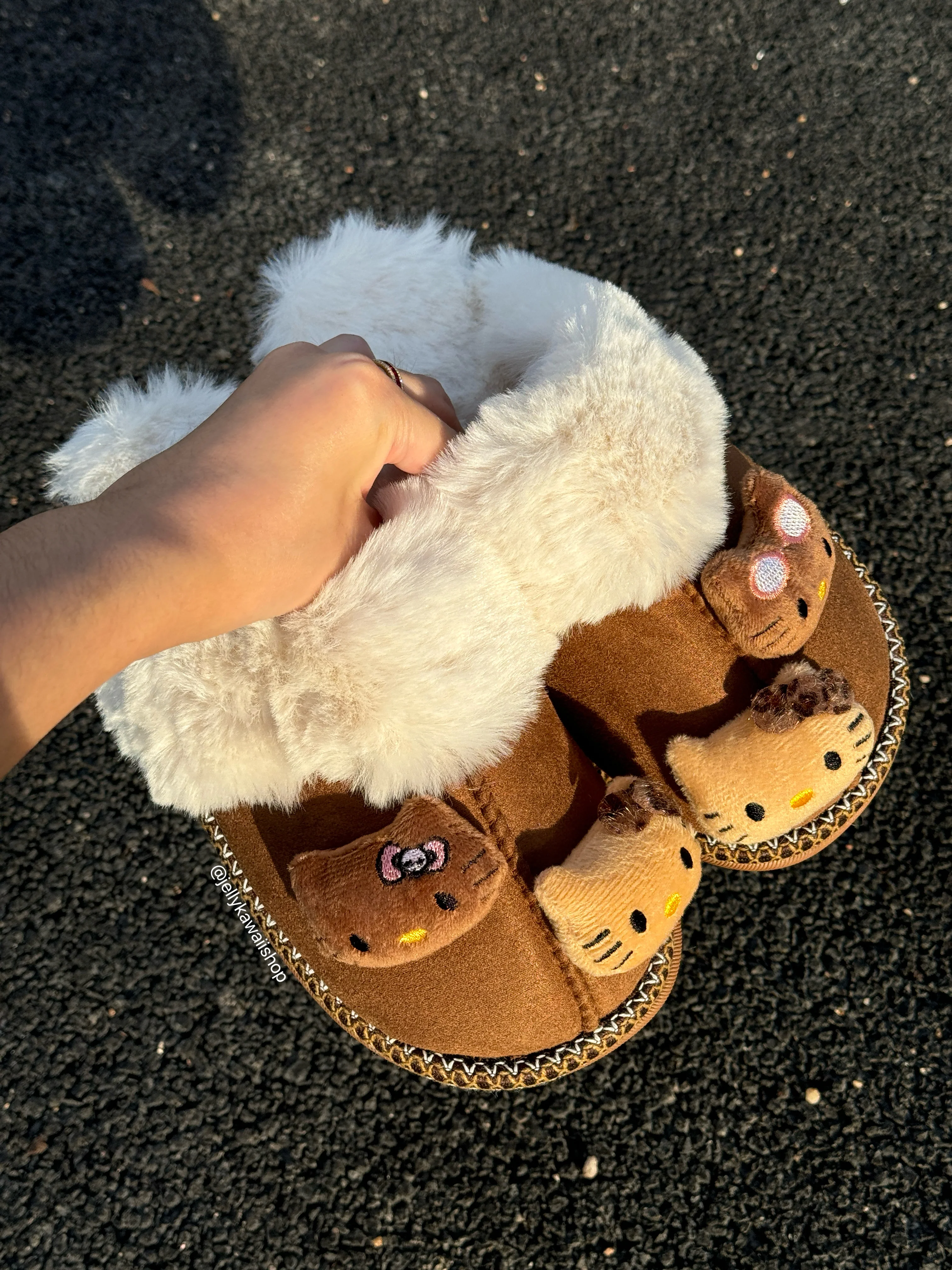 Hellokitty Fuzzy Brown Slippers Fluffy Winter House Shoes Indoor and Outdoor