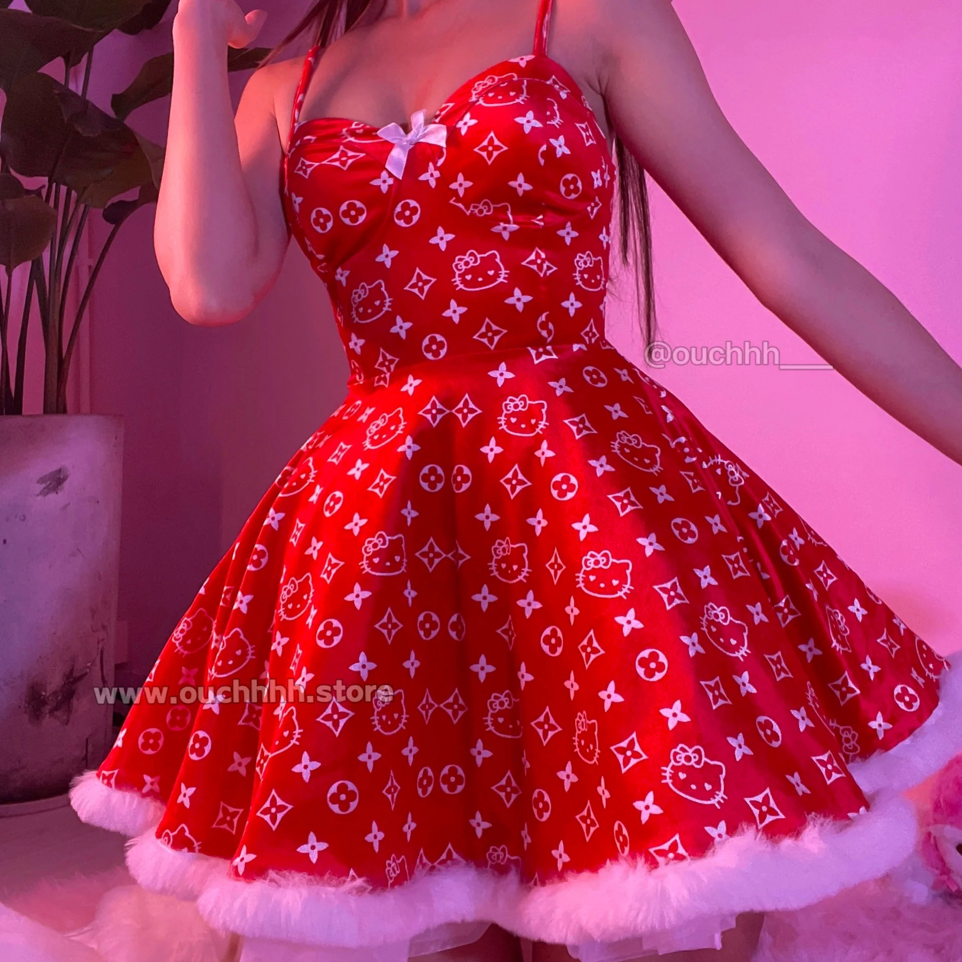 Lavish Kitty Fur Trim Velvet Flare Dress (Red)