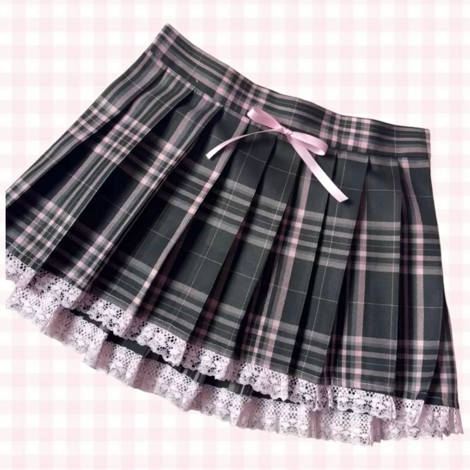 Academia Plaid Mini Skirt with ribbon (Dark Green)