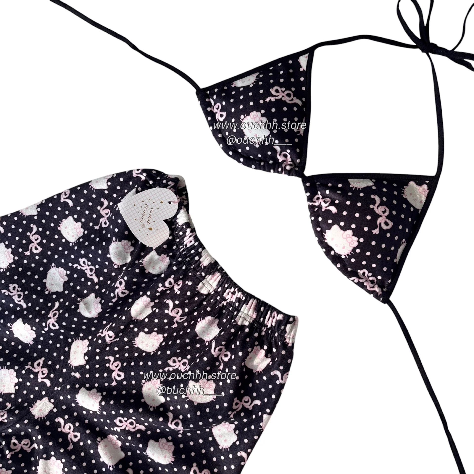 Black Polka Kitty Top and Pocket Pants PJ Set