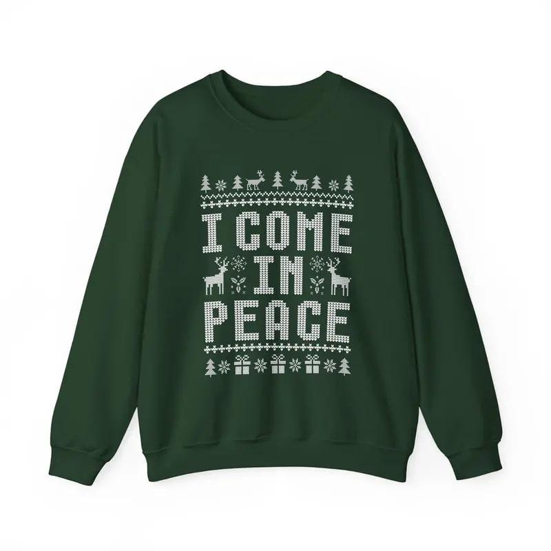 Funny ugly Christmas sweatshirts for couples, cute matching holiday outfits, plus 'I Come in Peace' sweatshirt for festive style