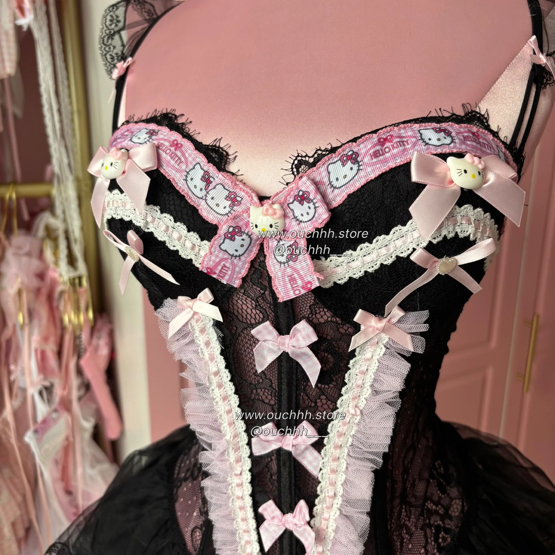 Ballerina Kitty Corset Lingerie + Tulle Mini Skirt (Black)