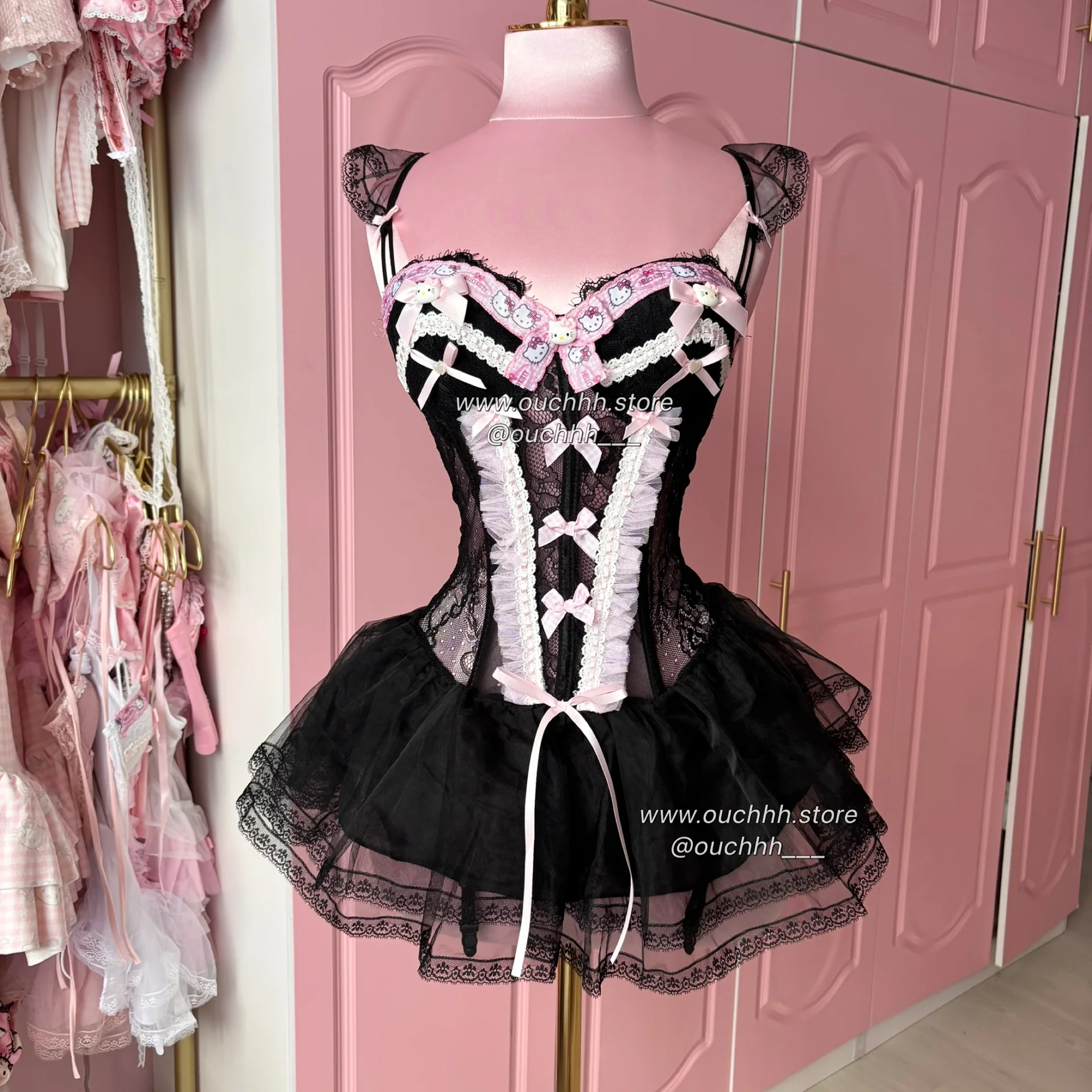 Ballerina Kitty Corset Lingerie + Tulle Mini Skirt (Black)