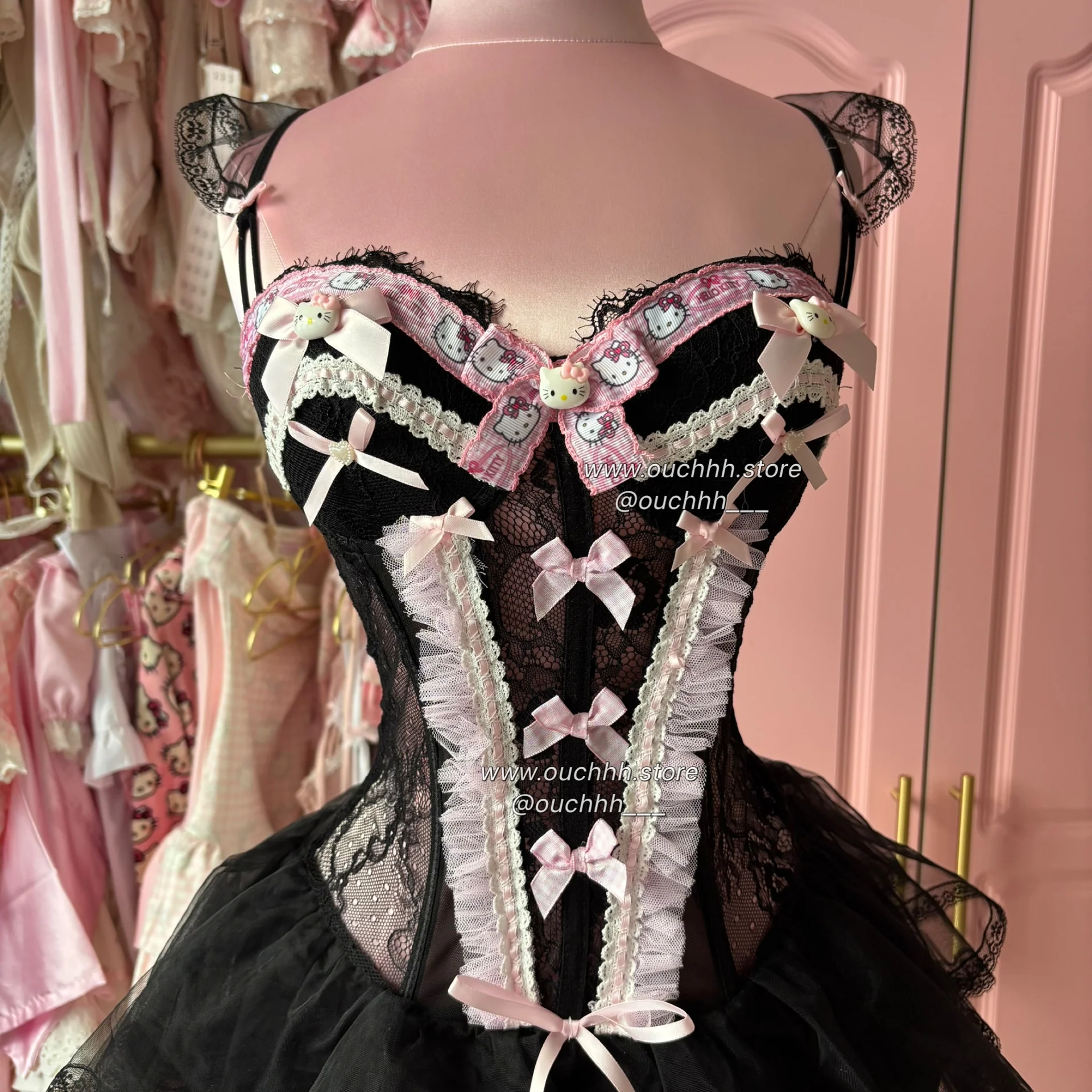 Ballerina Kitty Corset Lingerie + Tulle Mini Skirt (Black)