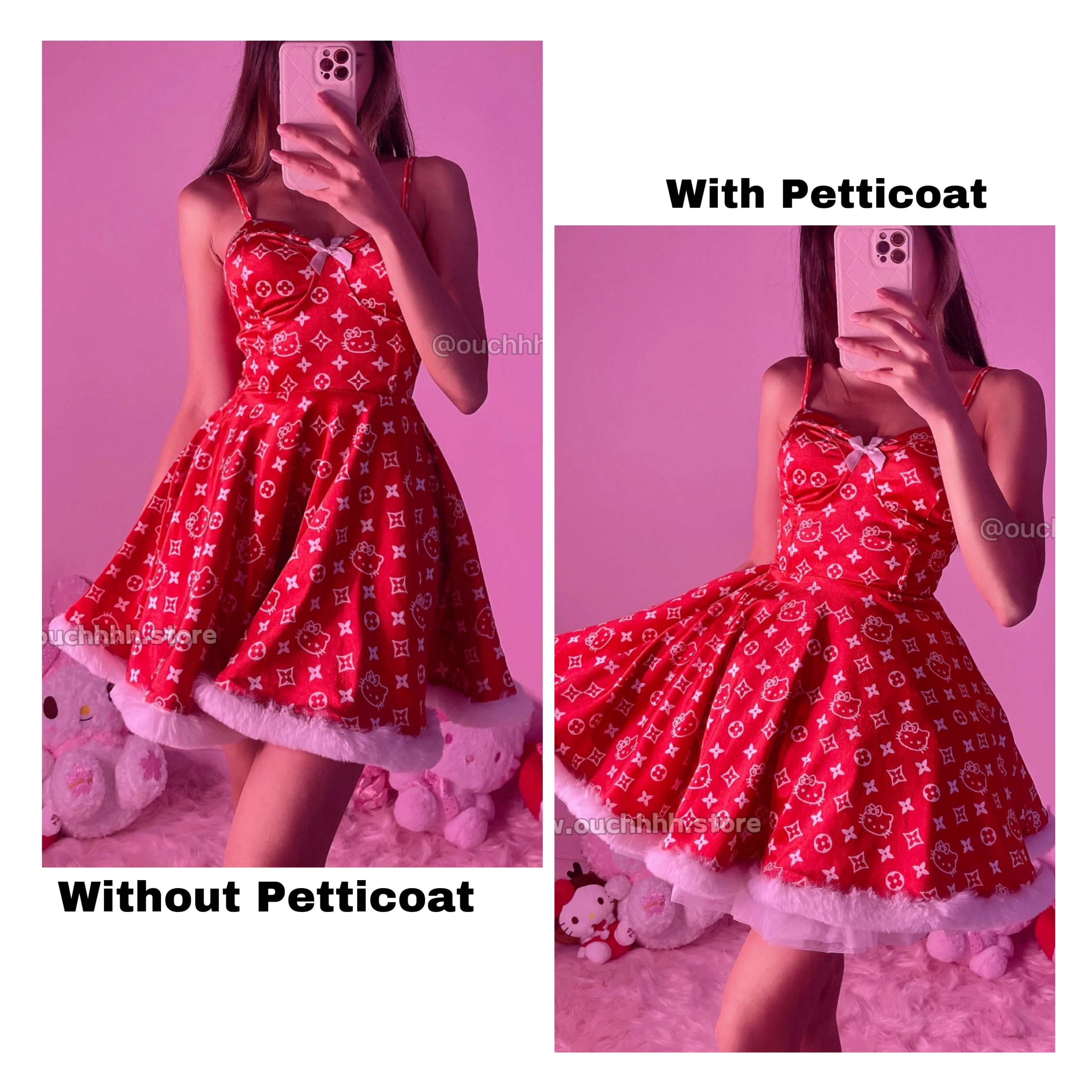 Lavish Kitty Fur Trim Velvet Flare Dress (Red)