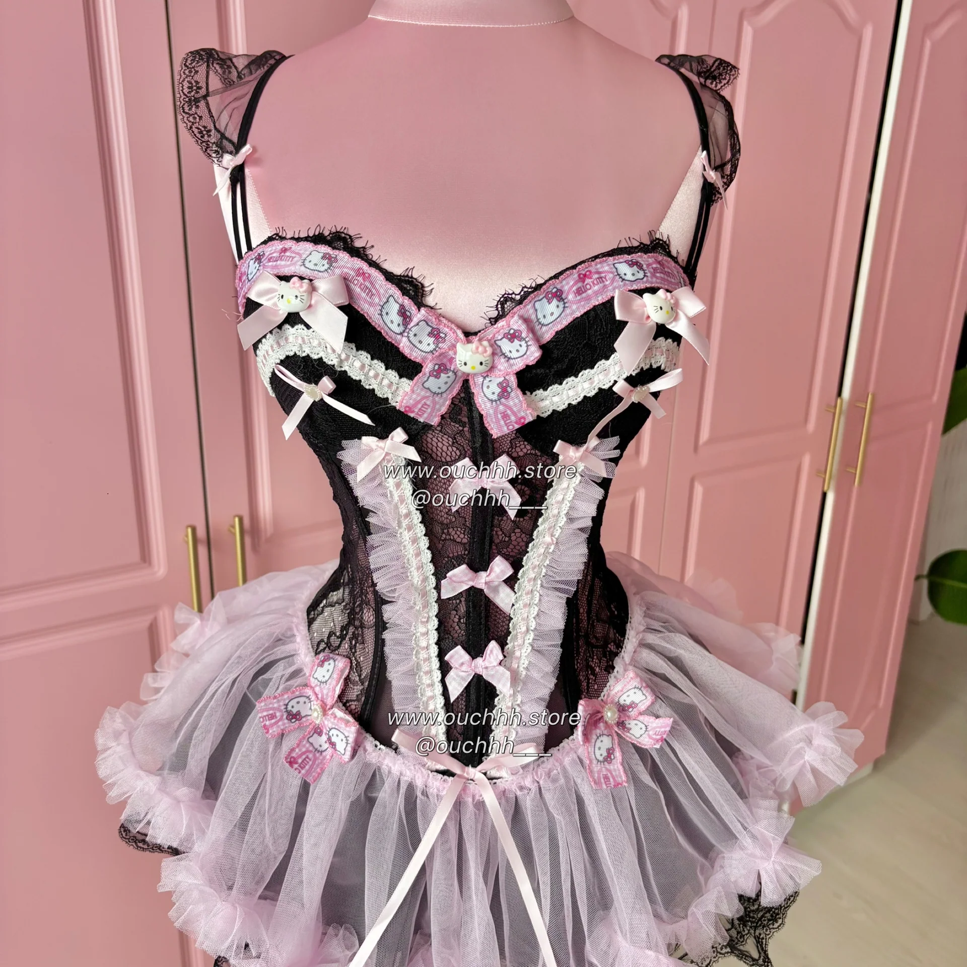 Ballerina Kitty Corset Lingerie + Tulle Mini Skirt (Black)
