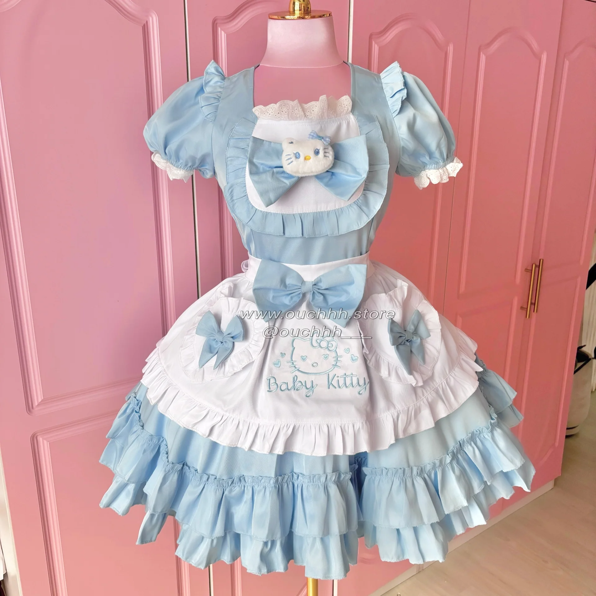 Blue Baby Kitty Princess Ribbon Maid Dress and Headband