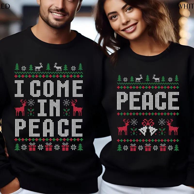 Funny ugly Christmas sweatshirts for couples, cute matching holiday outfits, plus 'I Come in Peace' sweatshirt for festive style