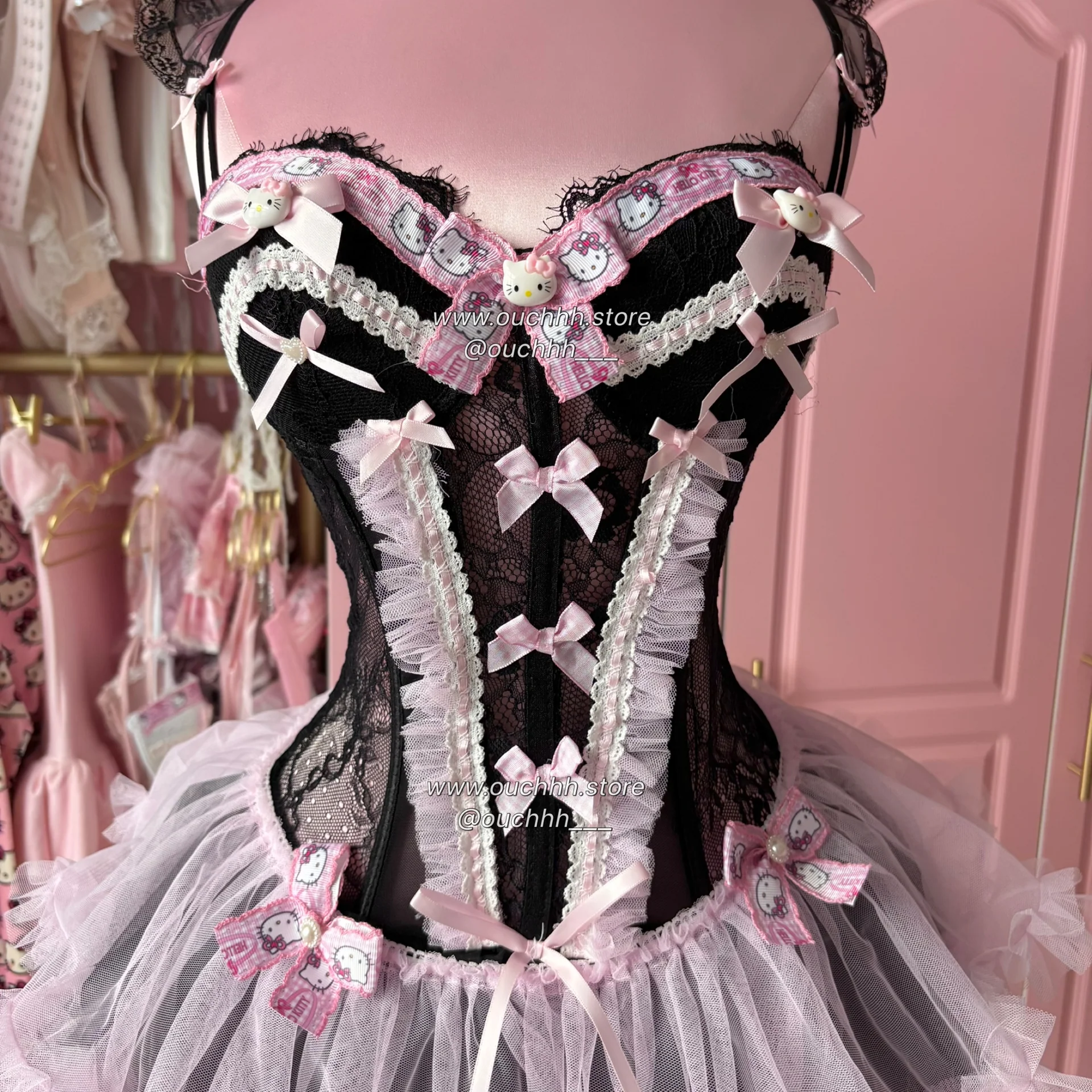 Ballerina Kitty Corset Lingerie + Tulle Mini Skirt (Black)