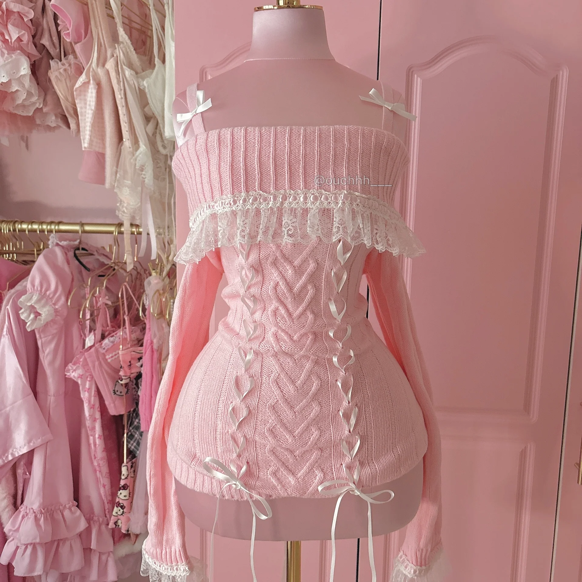 Cable Knit Ribbon Lace up Handmade Sweater (Pink)