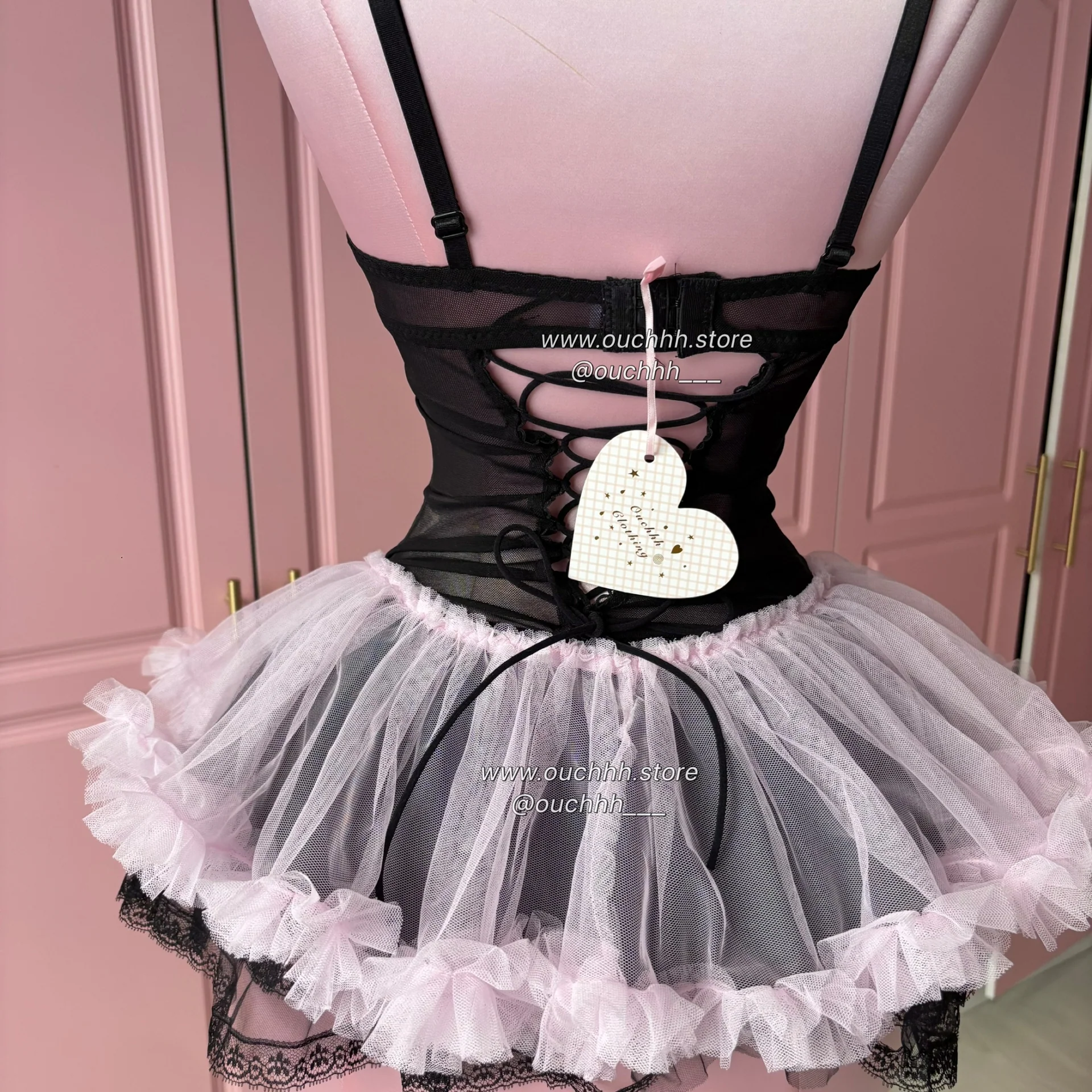 Ballerina Kitty Corset Lingerie + Tulle Mini Skirt (Black)