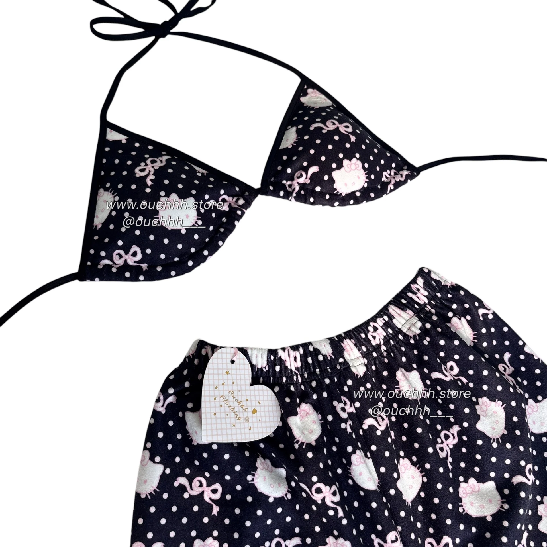 Black Polka Kitty Top and Pocket Pants PJ Set