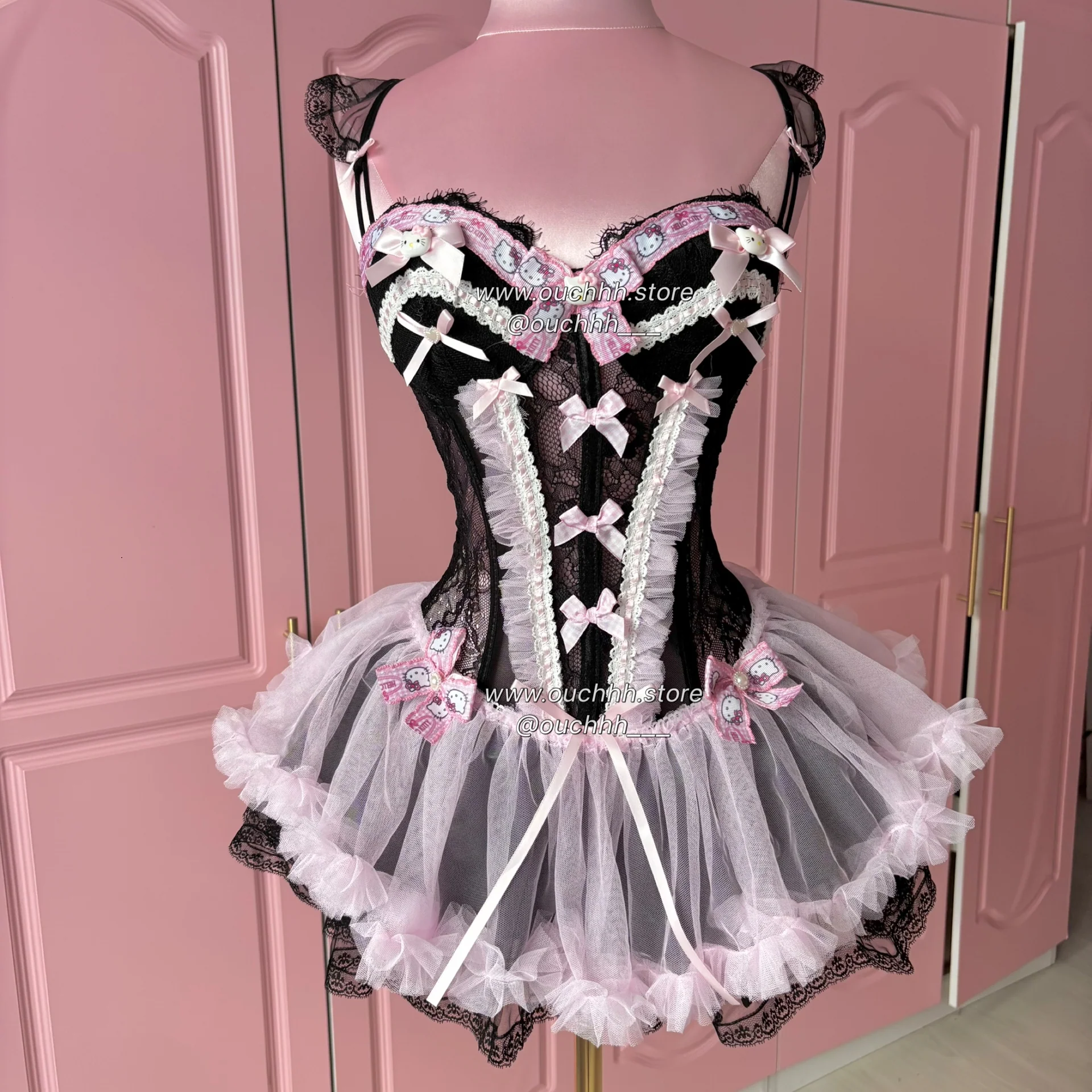 Ballerina Kitty Corset Lingerie + Tulle Mini Skirt (Black)