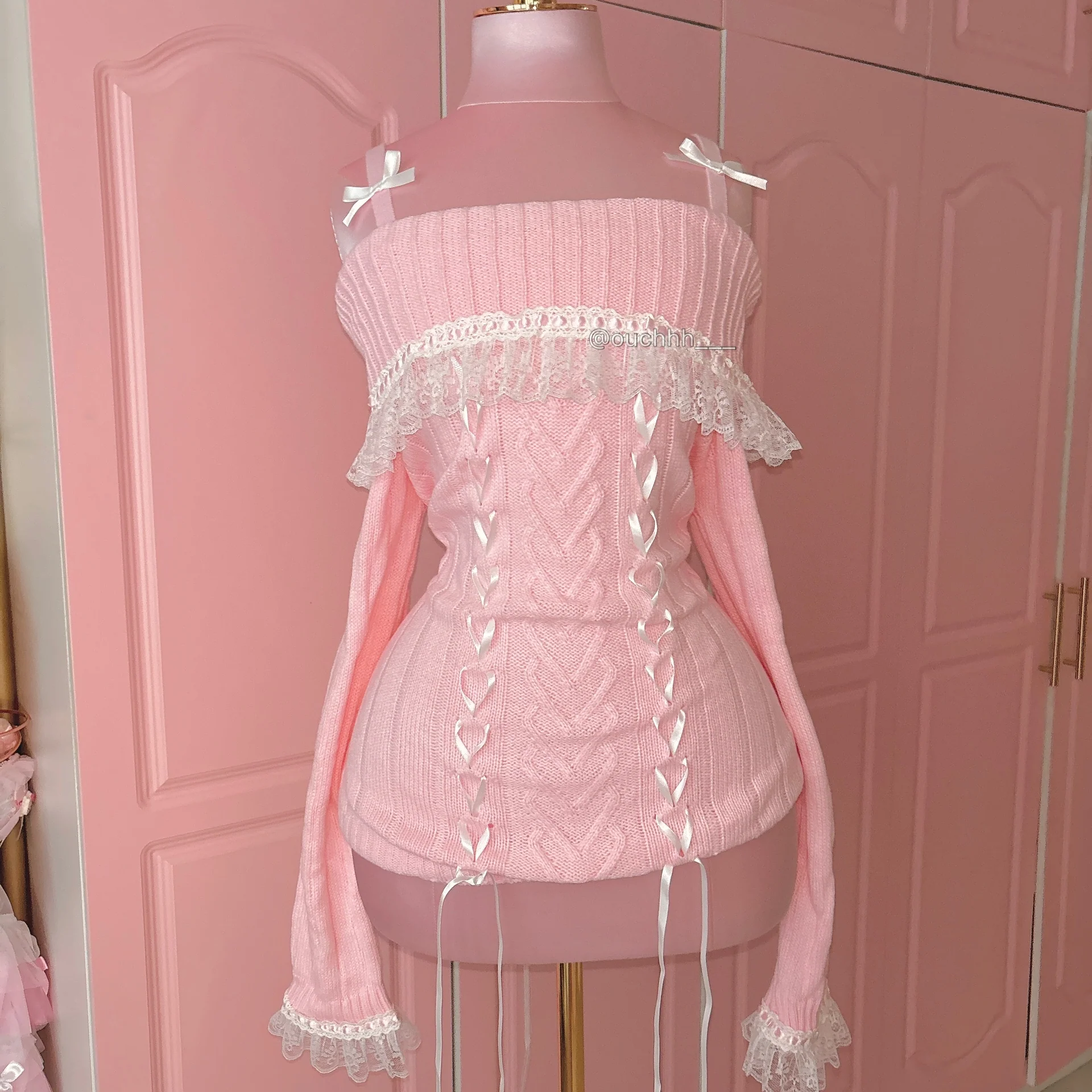 Cable Knit Ribbon Lace up Handmade Sweater (Pink)