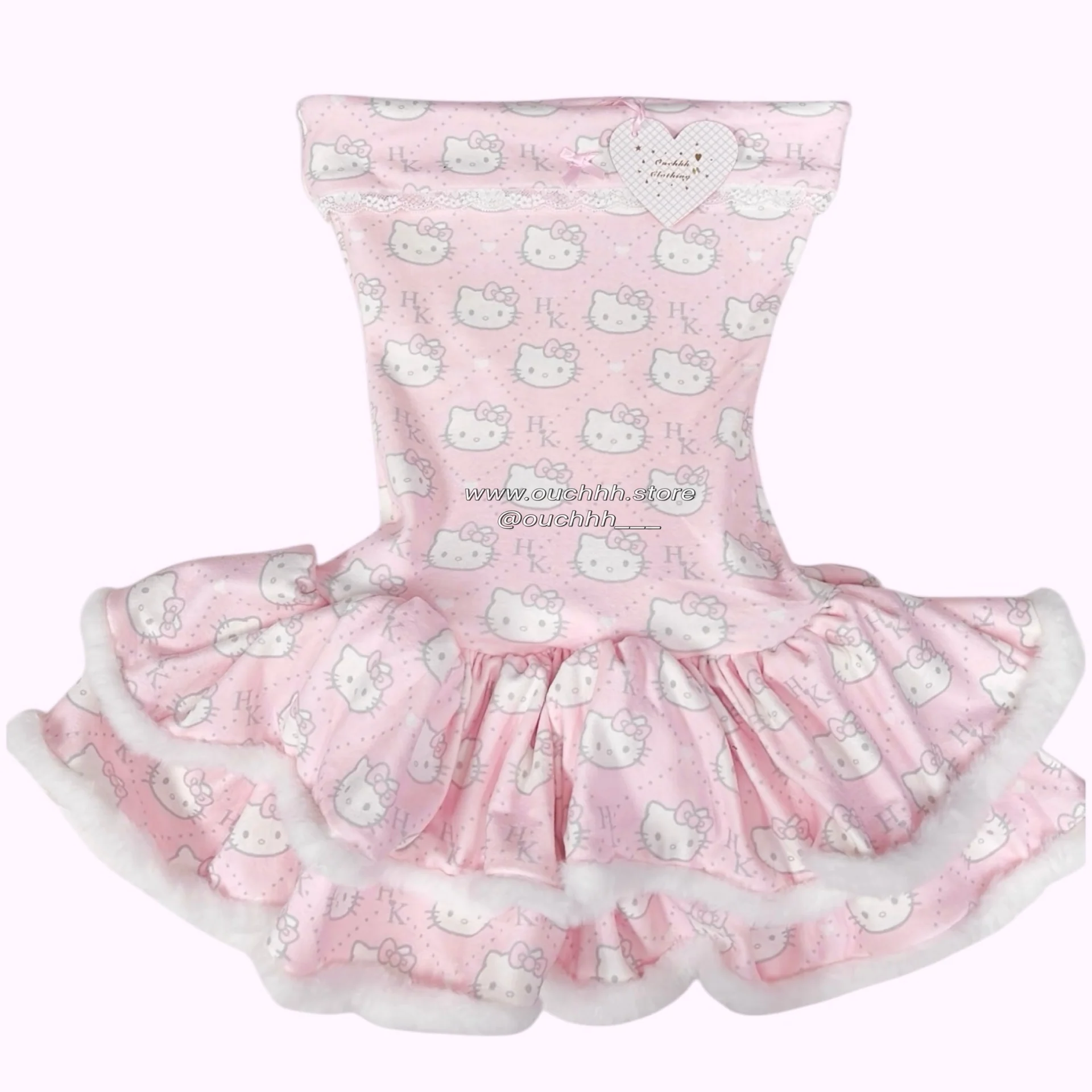 No Restock-Pink Royal Kitty Hourglass Fur Trim Tube Mini Dress