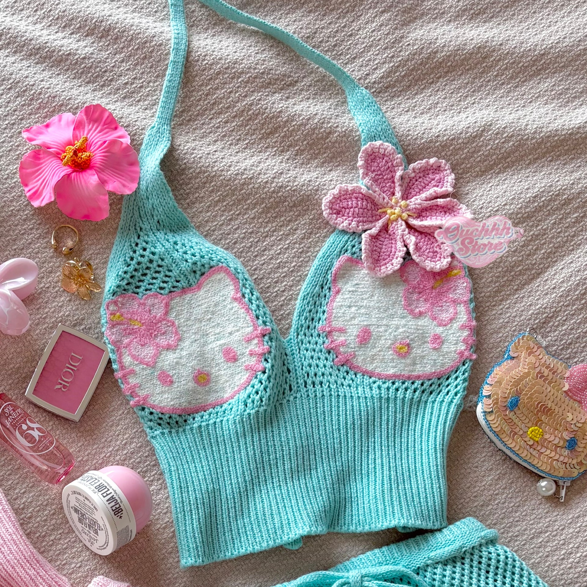 Hibiscus Kitty Crochet Set (Turquoise Blue)