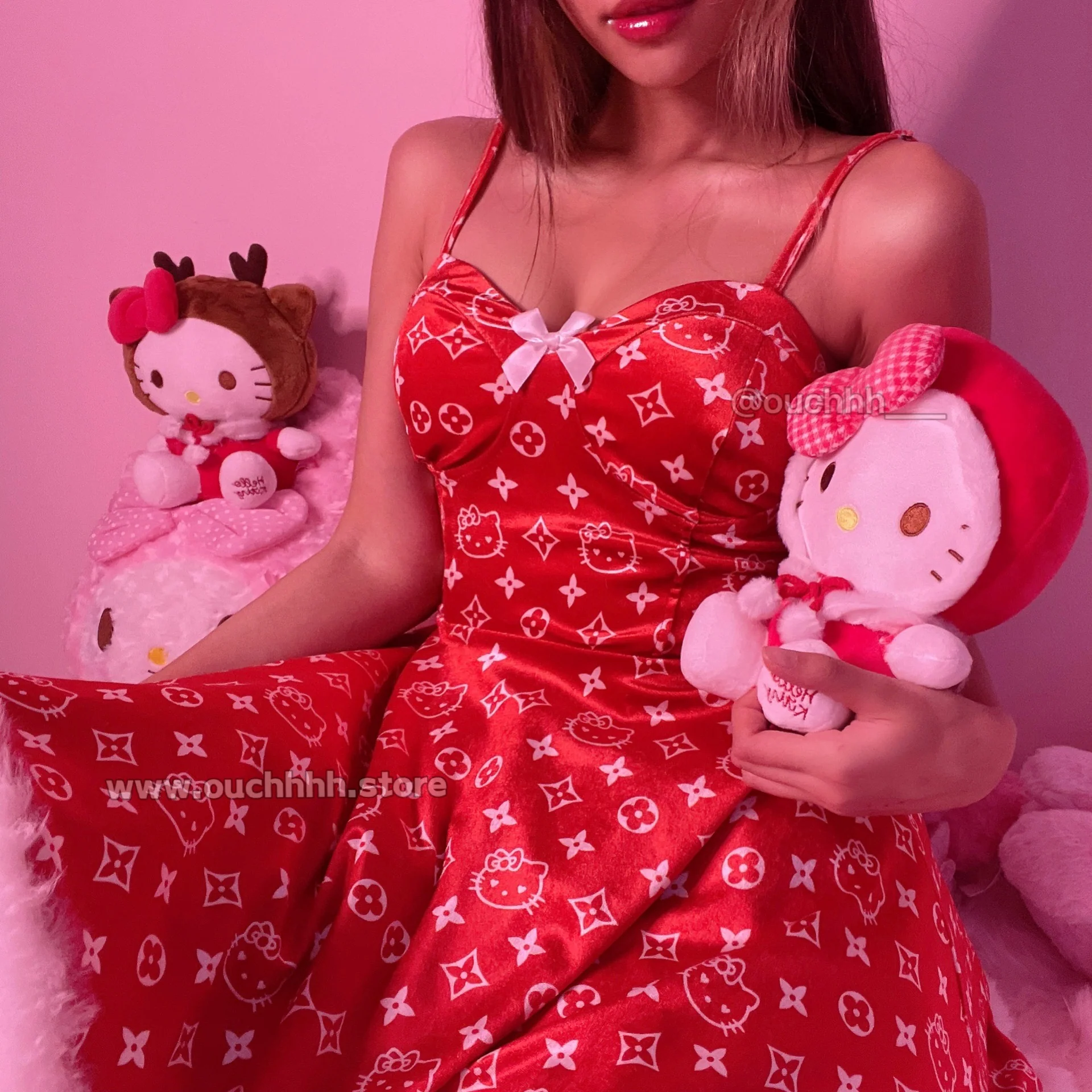 Lavish Kitty Fur Trim Velvet Flare Dress (Red)