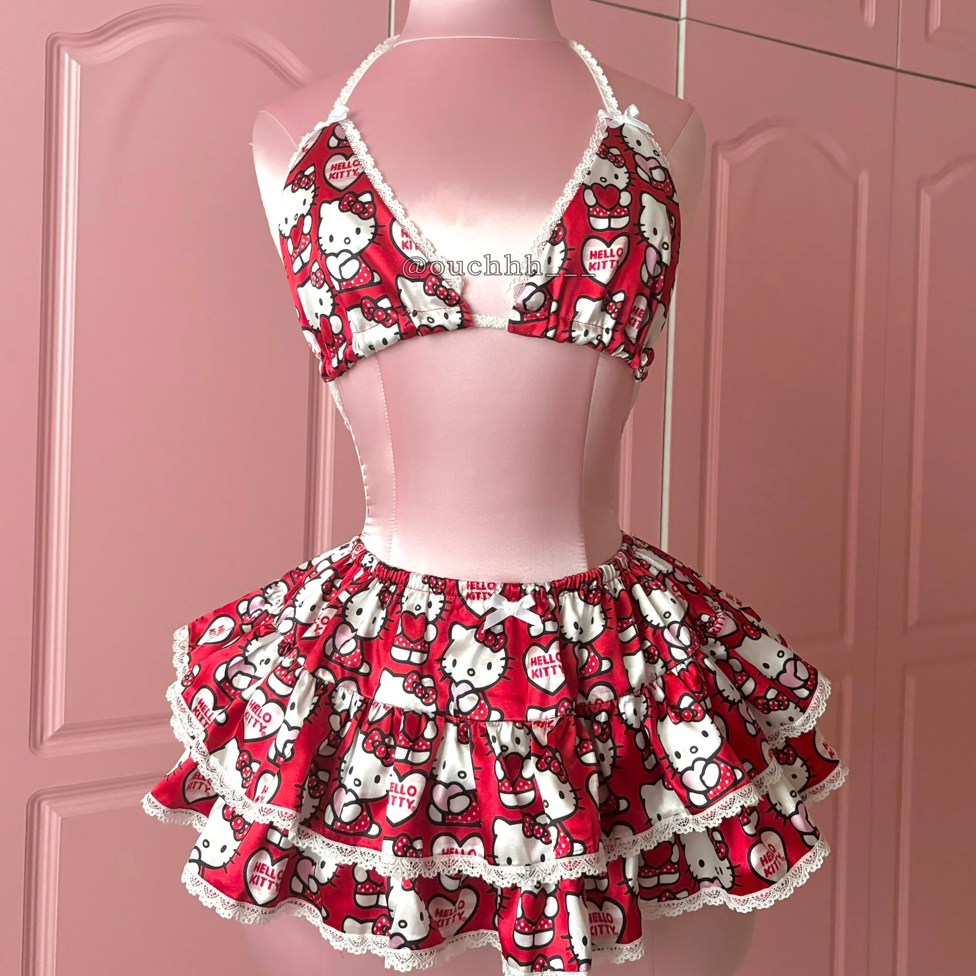Lovable Kitty Satin Bra top and Mini Skirt Set