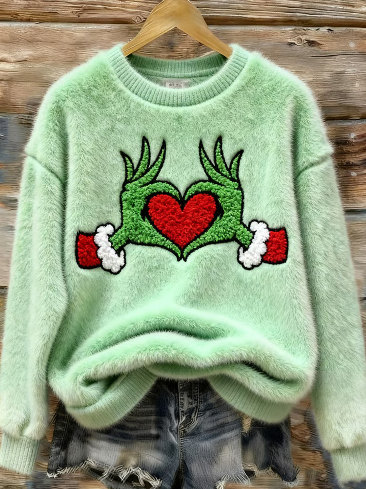 Women's Winter Green Furry Monster Heart Print Crew Neck Furry Top