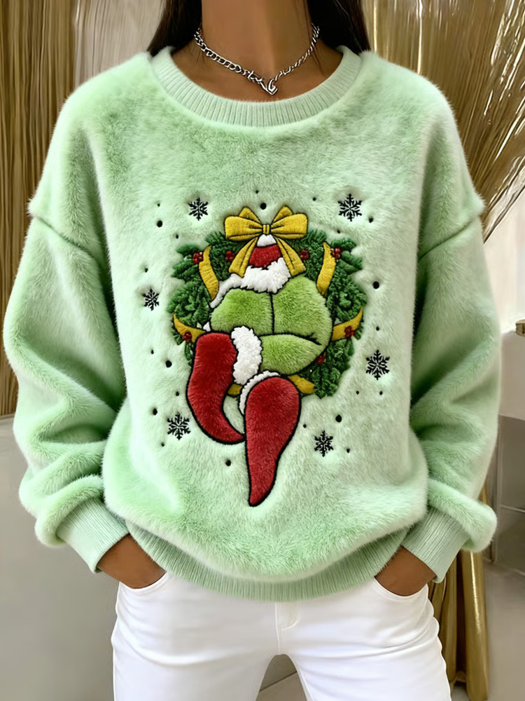 Women's Winter Christmas Print Crew Neck Fur Top